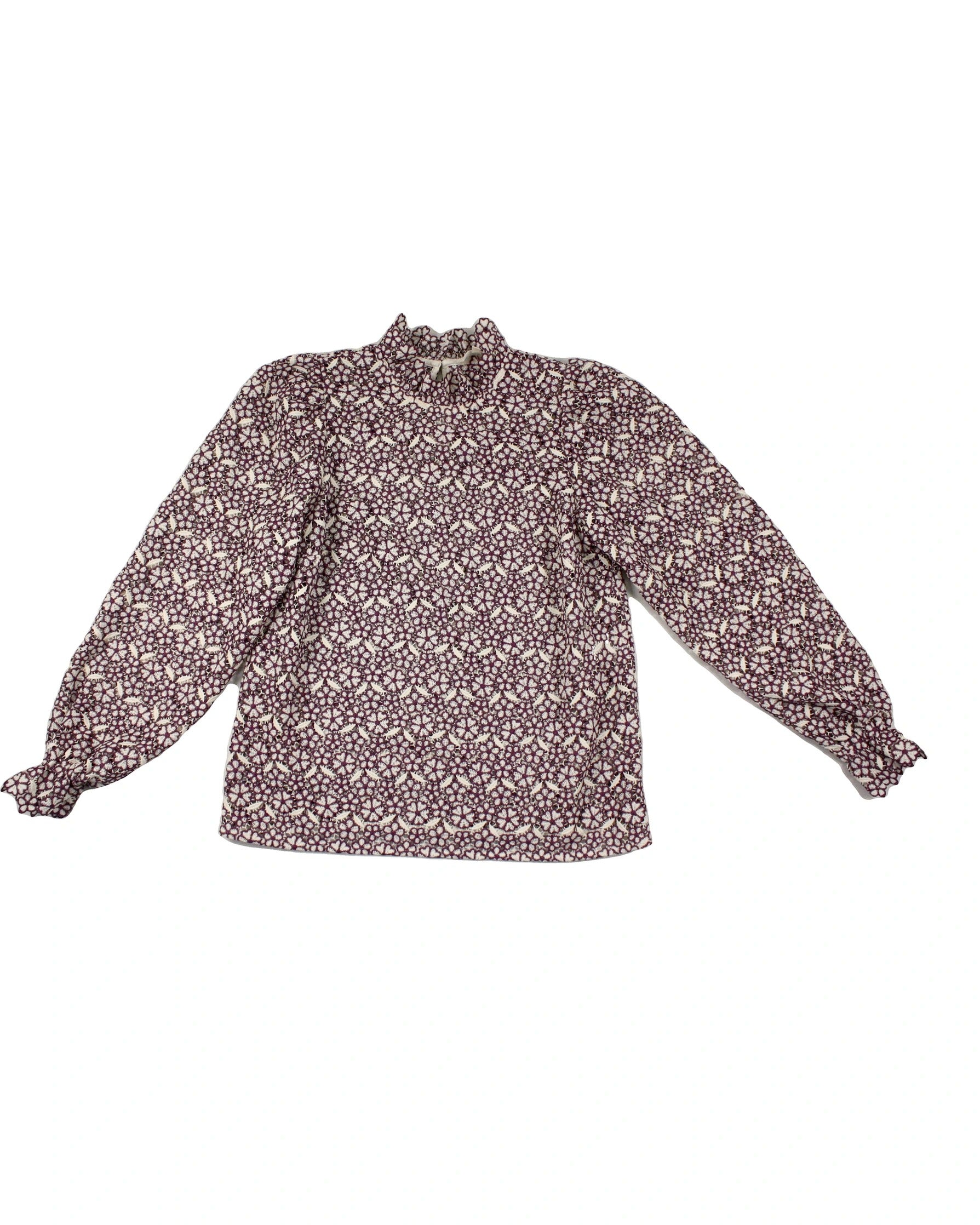 Sézane Women's White and Purple Long Sleeve Lace Top with Floral Pattern – Size 36