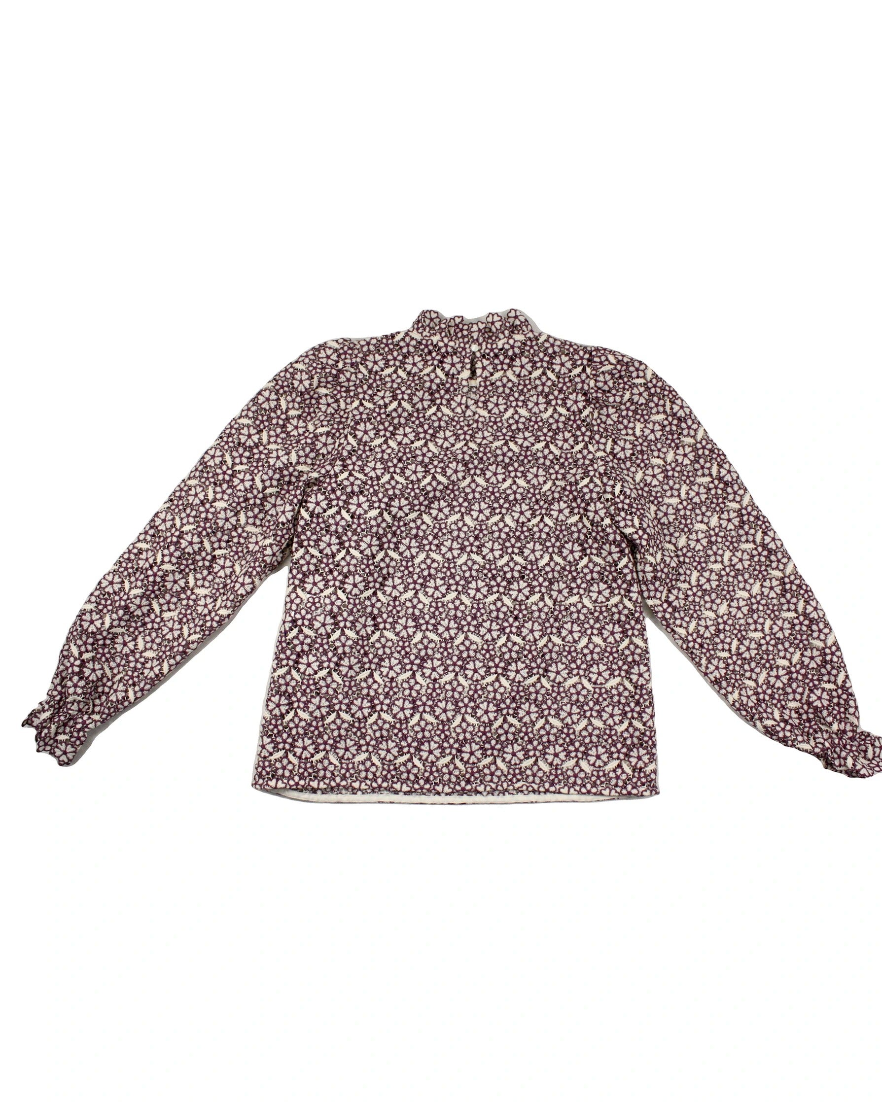 Sézane Women's White and Purple Long Sleeve Lace Top with Floral Pattern – Size 36