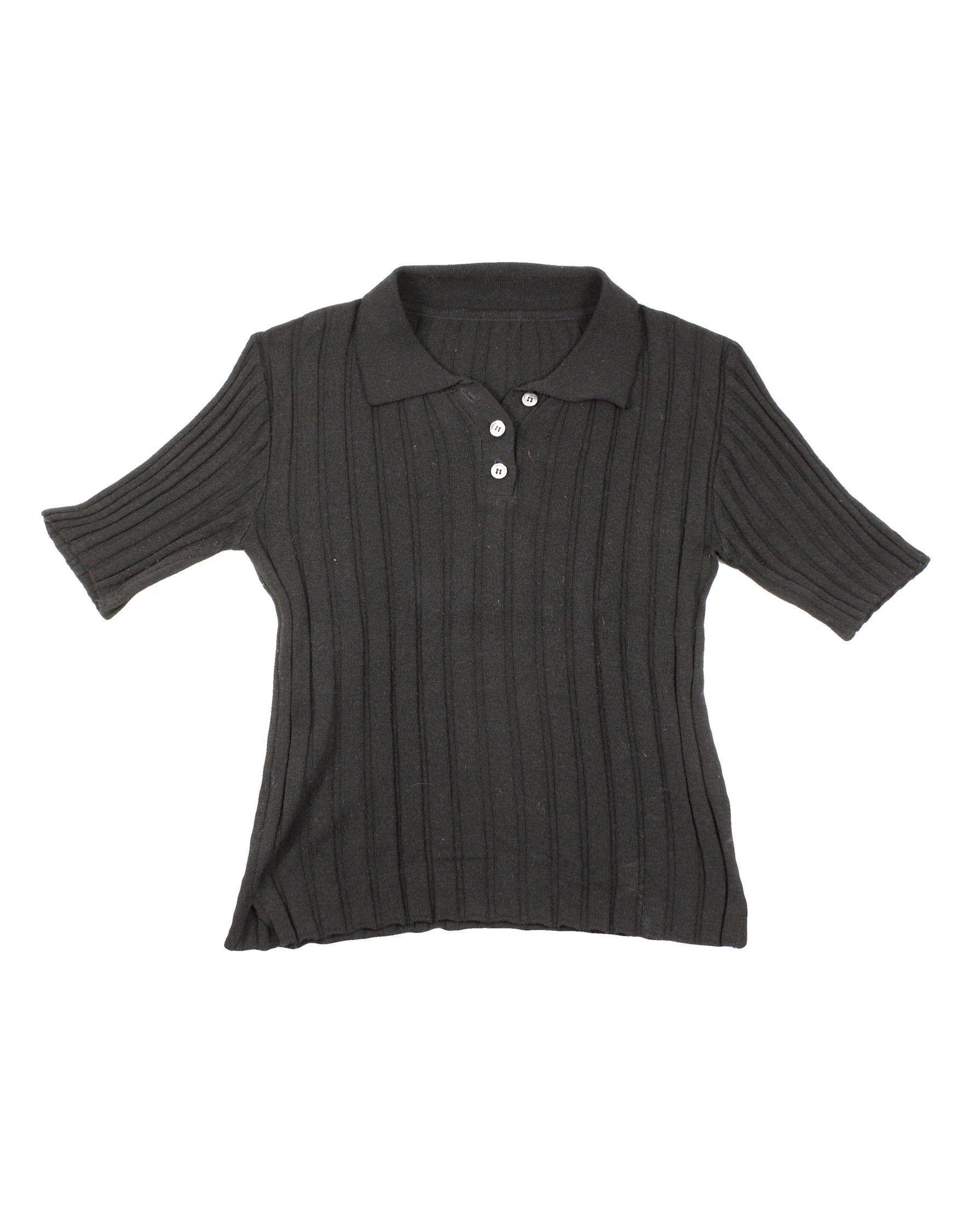 Women's Black Short Sleeve Collared Stretch Top with Quarter-Button Front