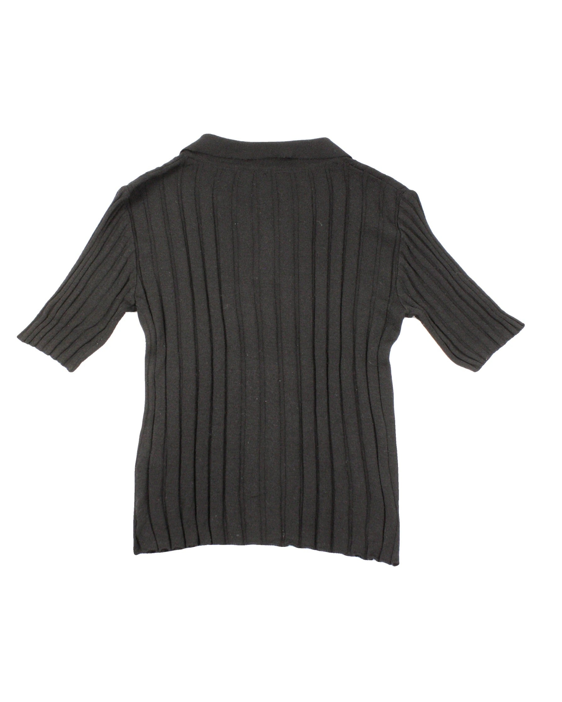 Women's Black Short Sleeve Collared Stretch Top with Quarter-Button Front