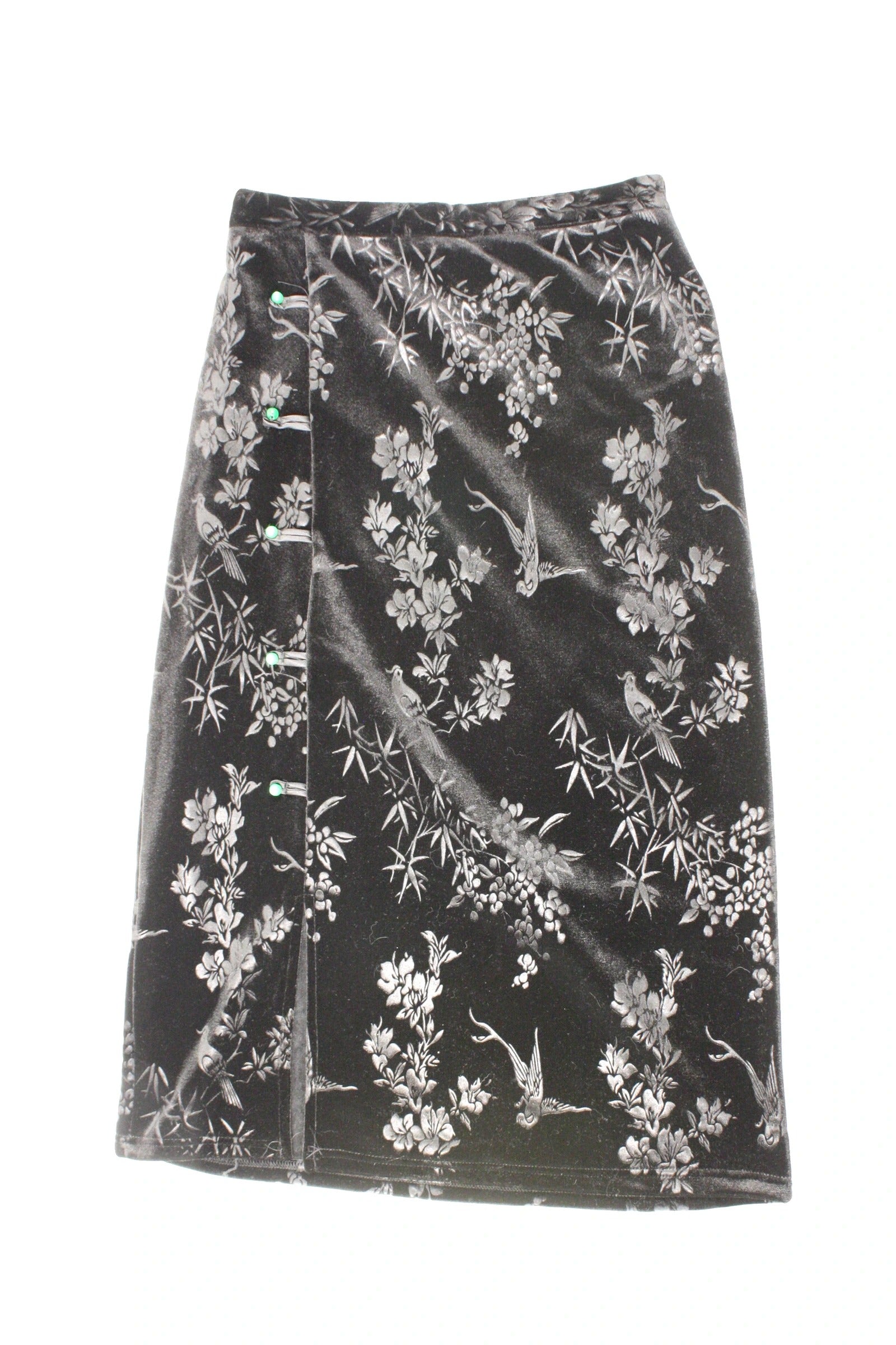 Women's Black and Green Velvet Maxi Skirt with Side Buttons and Floral Texture