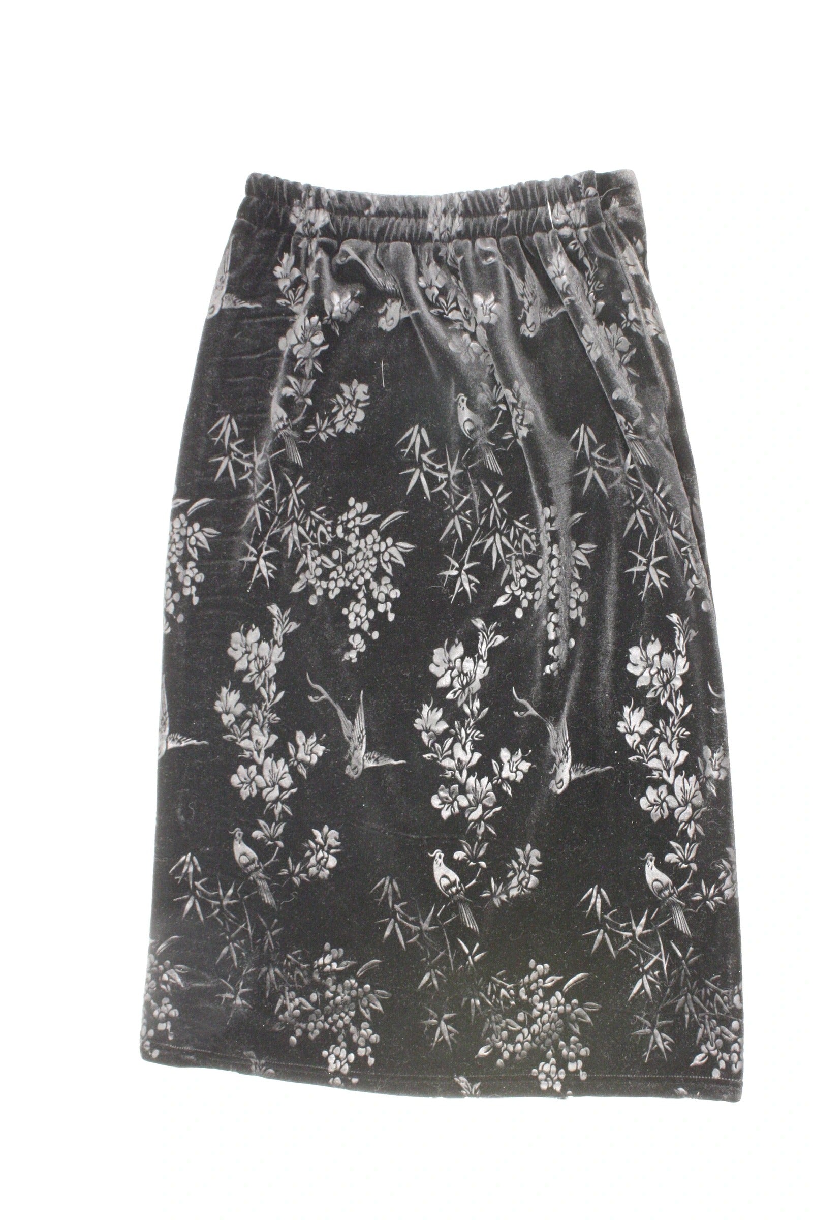 Women's Black and Green Velvet Maxi Skirt with Side Buttons and Floral Texture