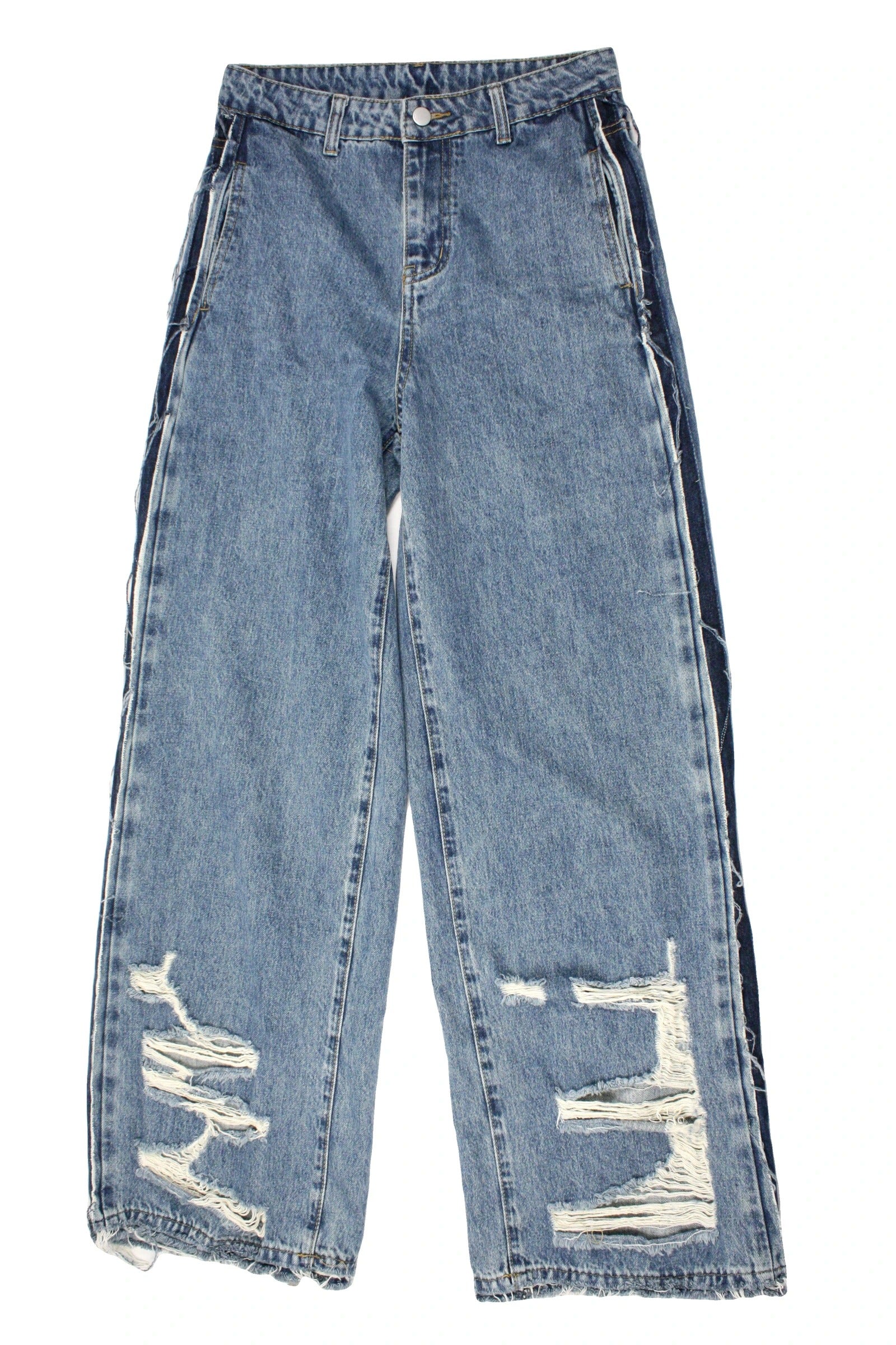 Women's Blue and Cream Distressed High-Rise Wide-Leg Jeans – Size 28