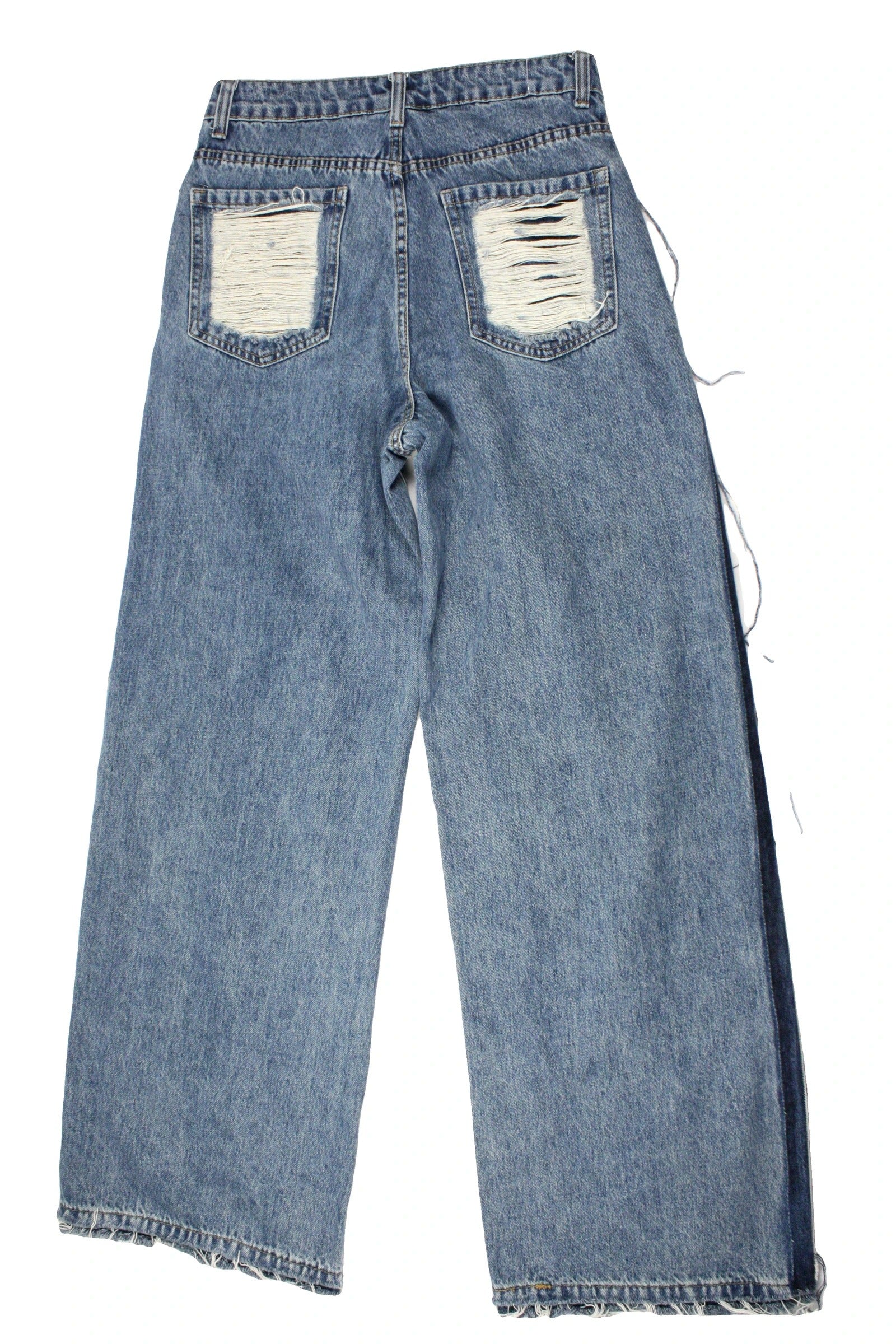 Women's Blue and Cream Distressed High-Rise Wide-Leg Jeans – Size 28