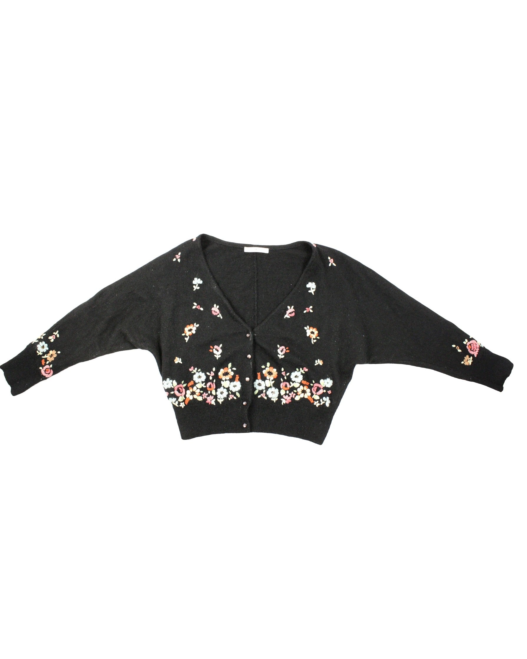 ChildWoman Women's Black, Pink and Blue Cropped Cardigan with Embroidered Flowers