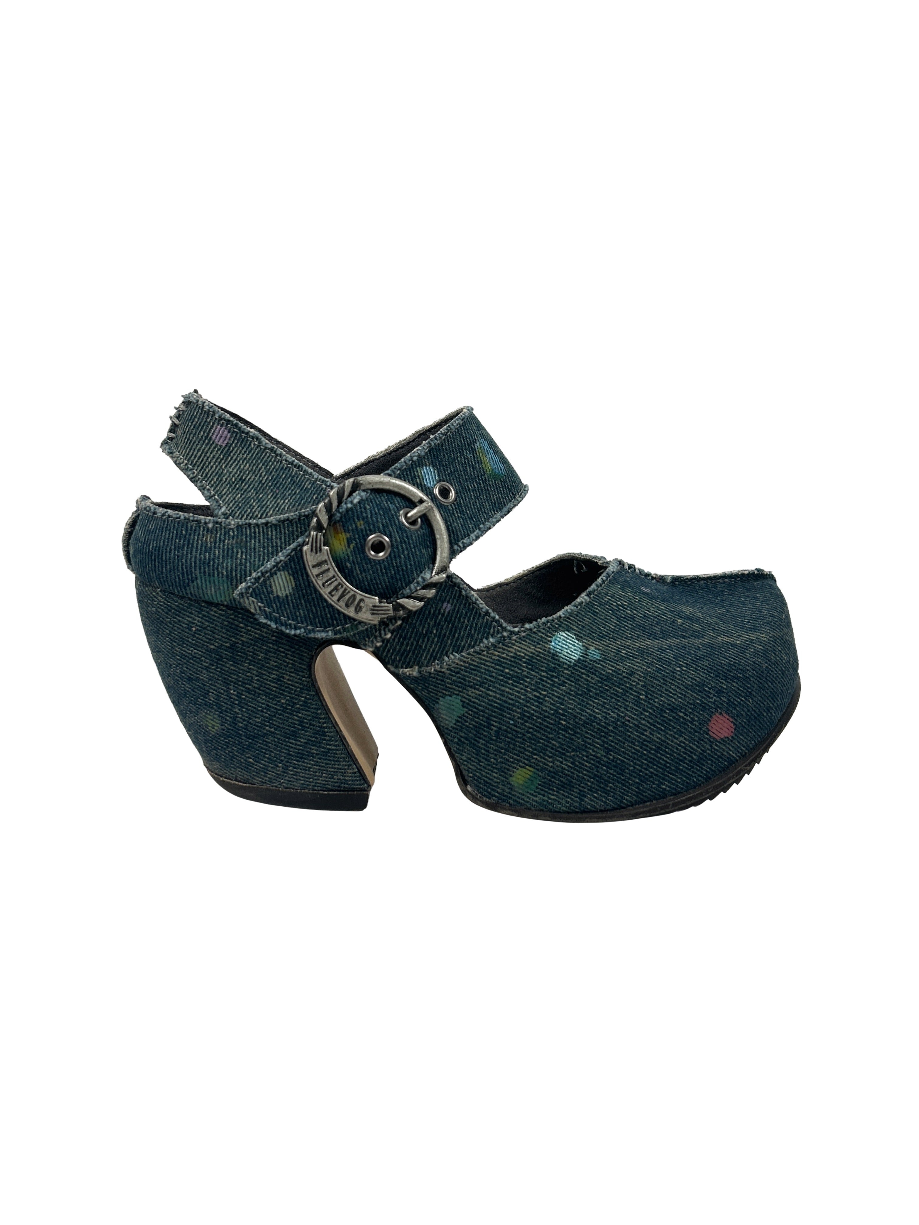John Fluevog Size 6.5 Prepare Guide Denim Splatter Platform Heels
