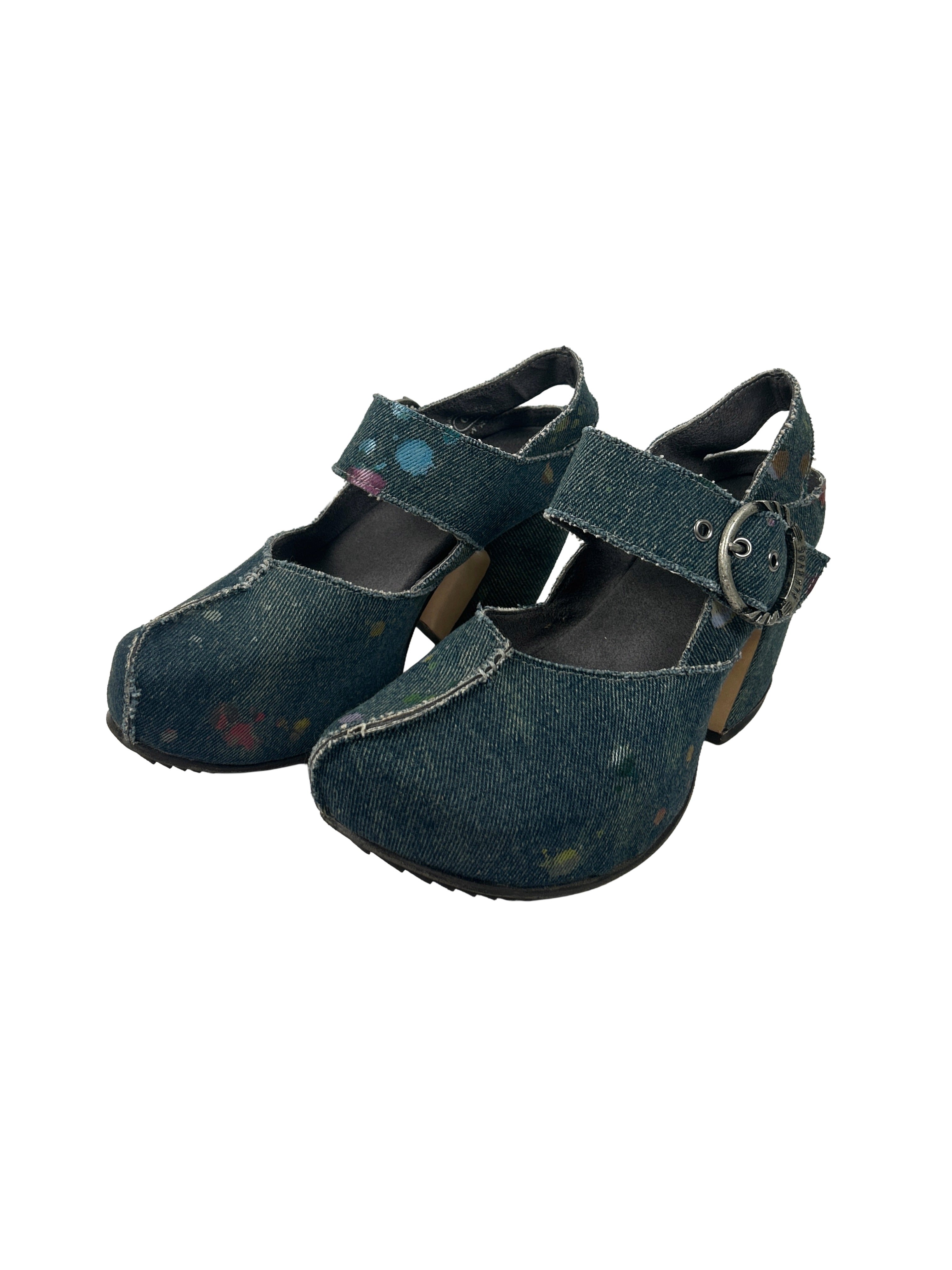 John Fluevog Size 6.5 Prepare Guide Denim Splatter Platform Heels