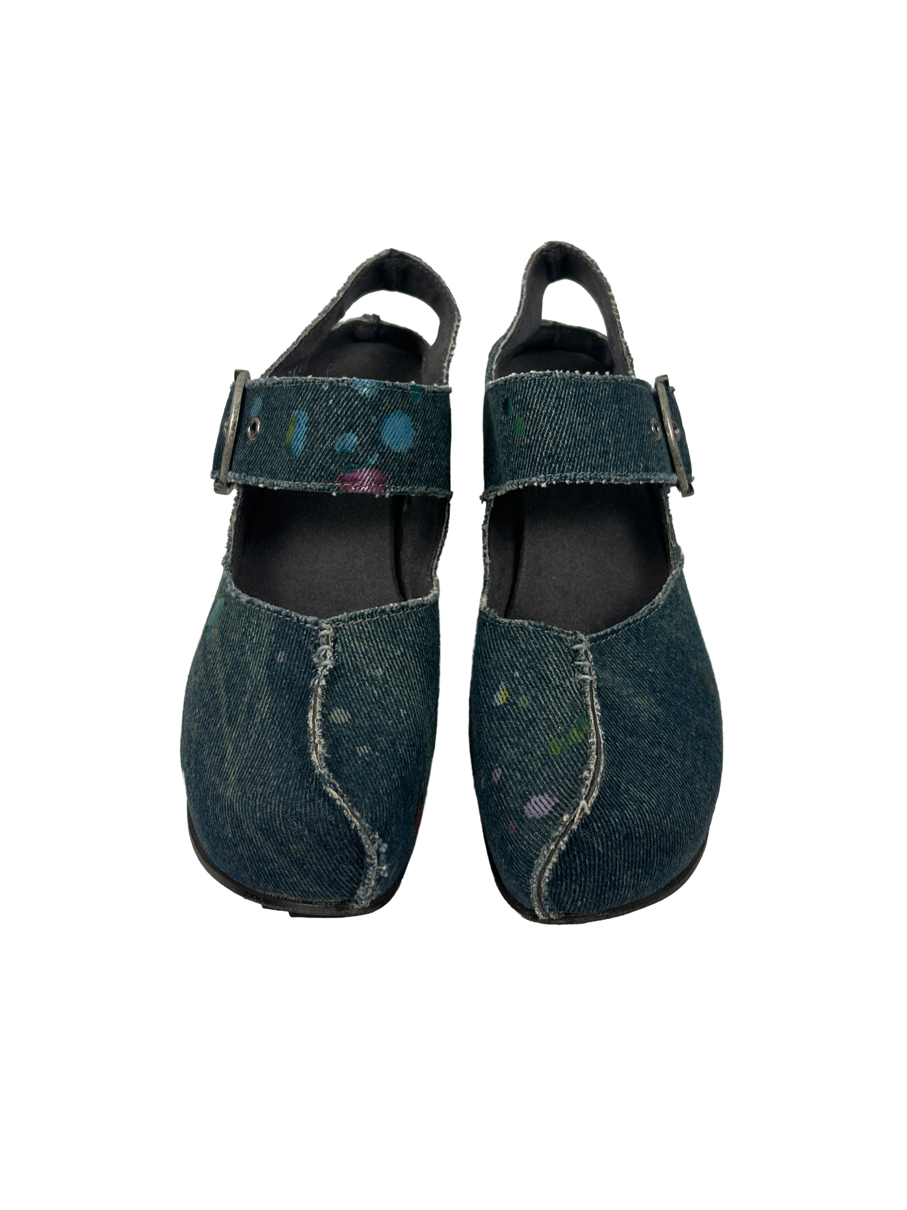 John Fluevog Size 6.5 Prepare Guide Denim Splatter Platform Heels