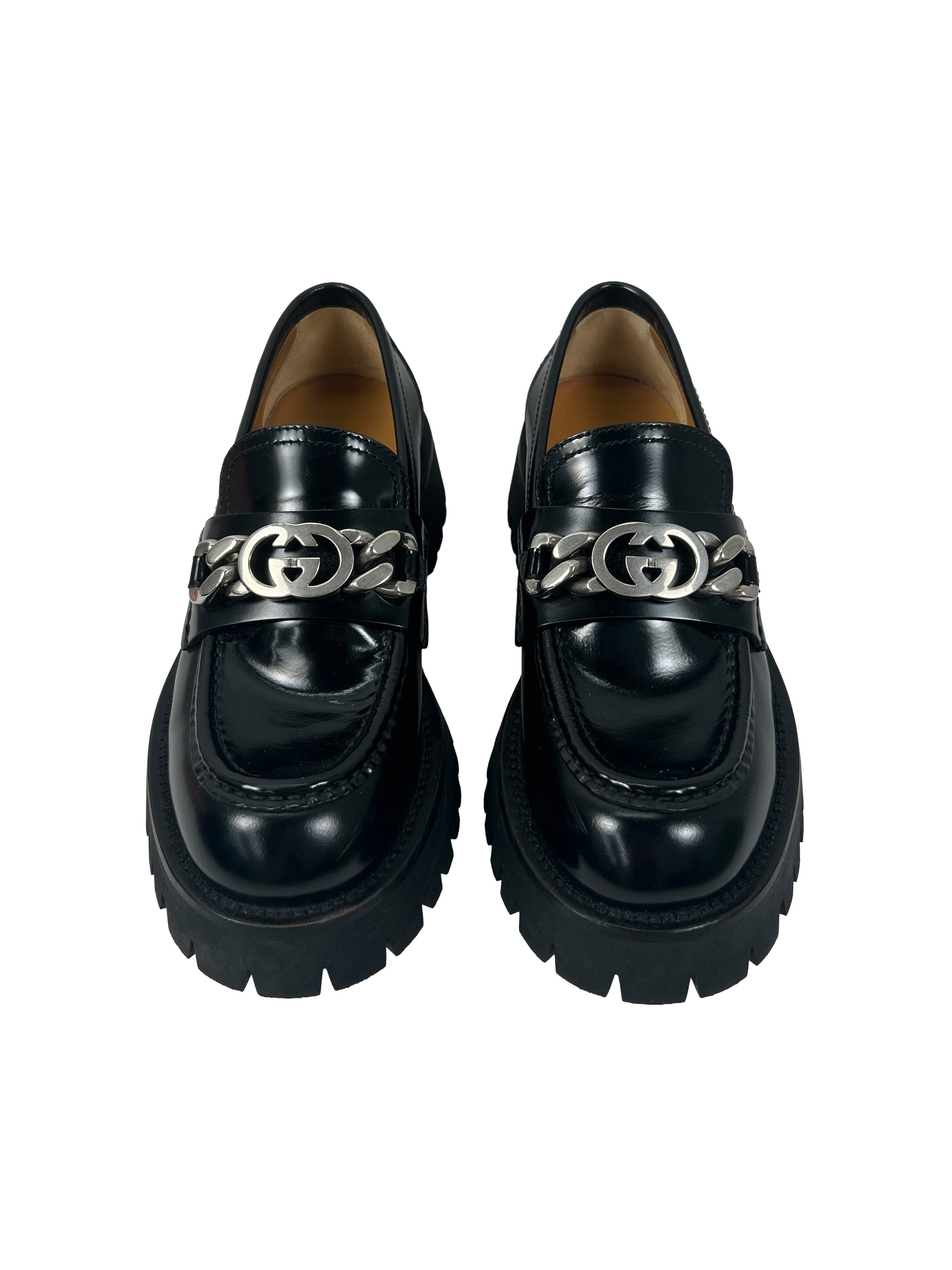 Gucci Size 37 Interlocking G Chain Log-Sole Loafers
