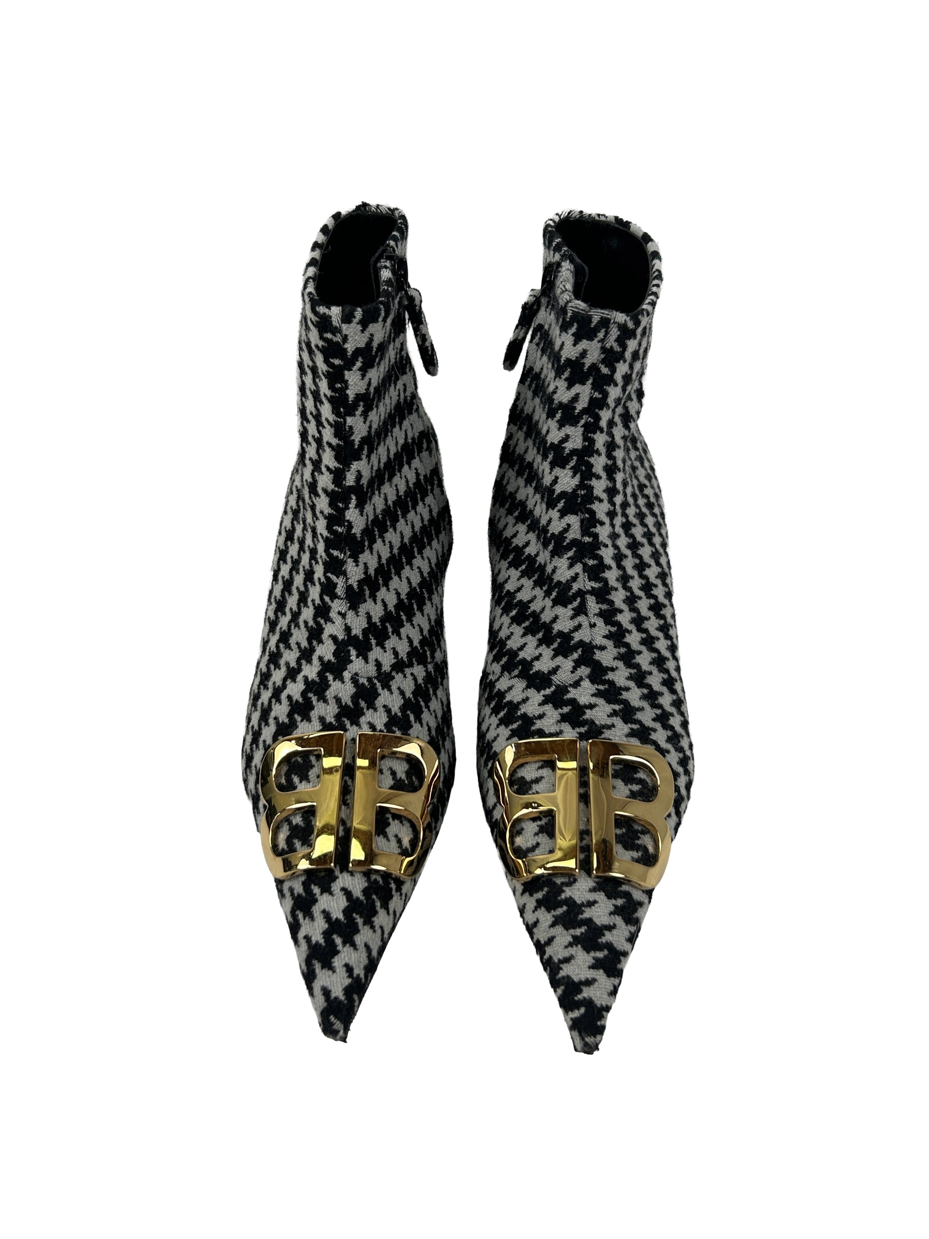 Balenciaga Size 37.5 Houndstooth BB Ankle Boots