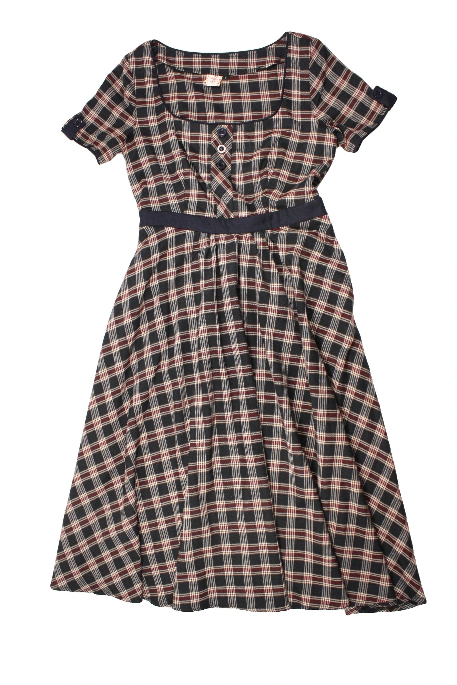 Dancing Days Women's Navy/Burgundy/Cream Plaid Short Sleeve Midi Dress with Scoop Neck – Vintage