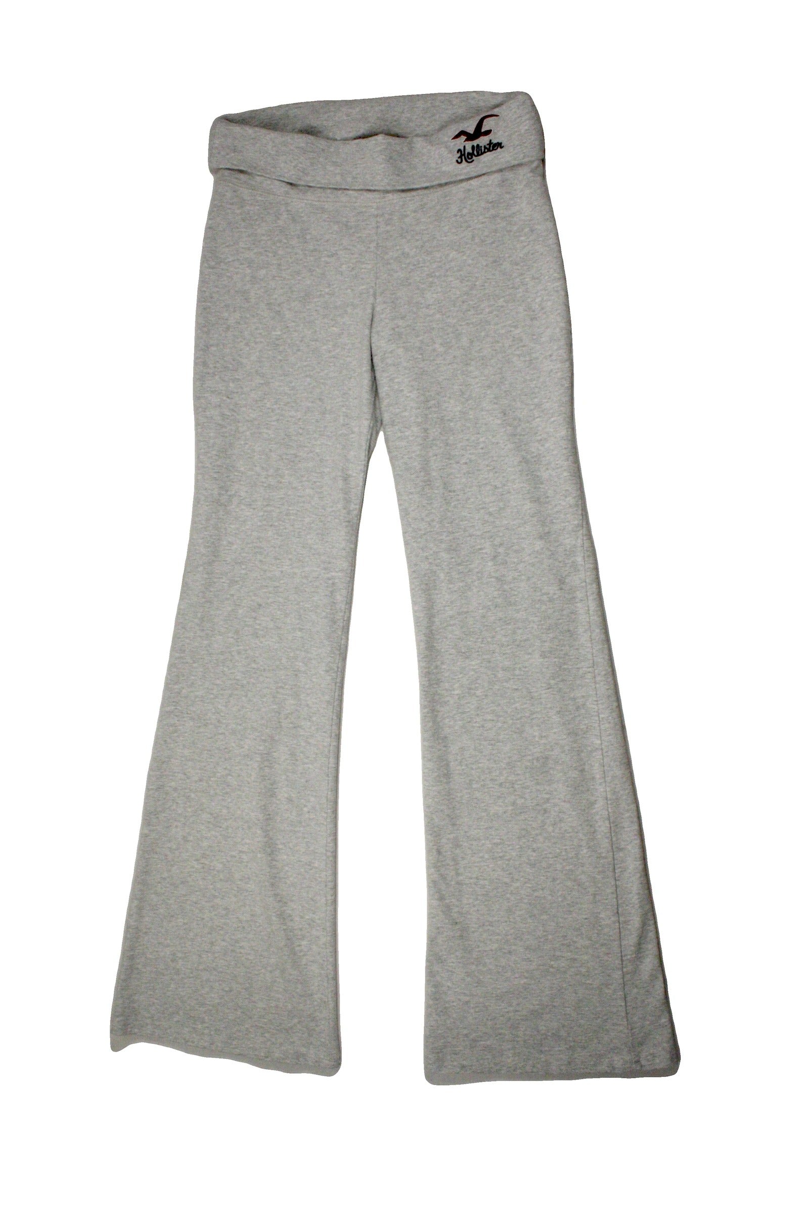 Hollister Women's Heathered Grey Flared Sweatpants with Fold-Over Waistband and Embroidered Logo