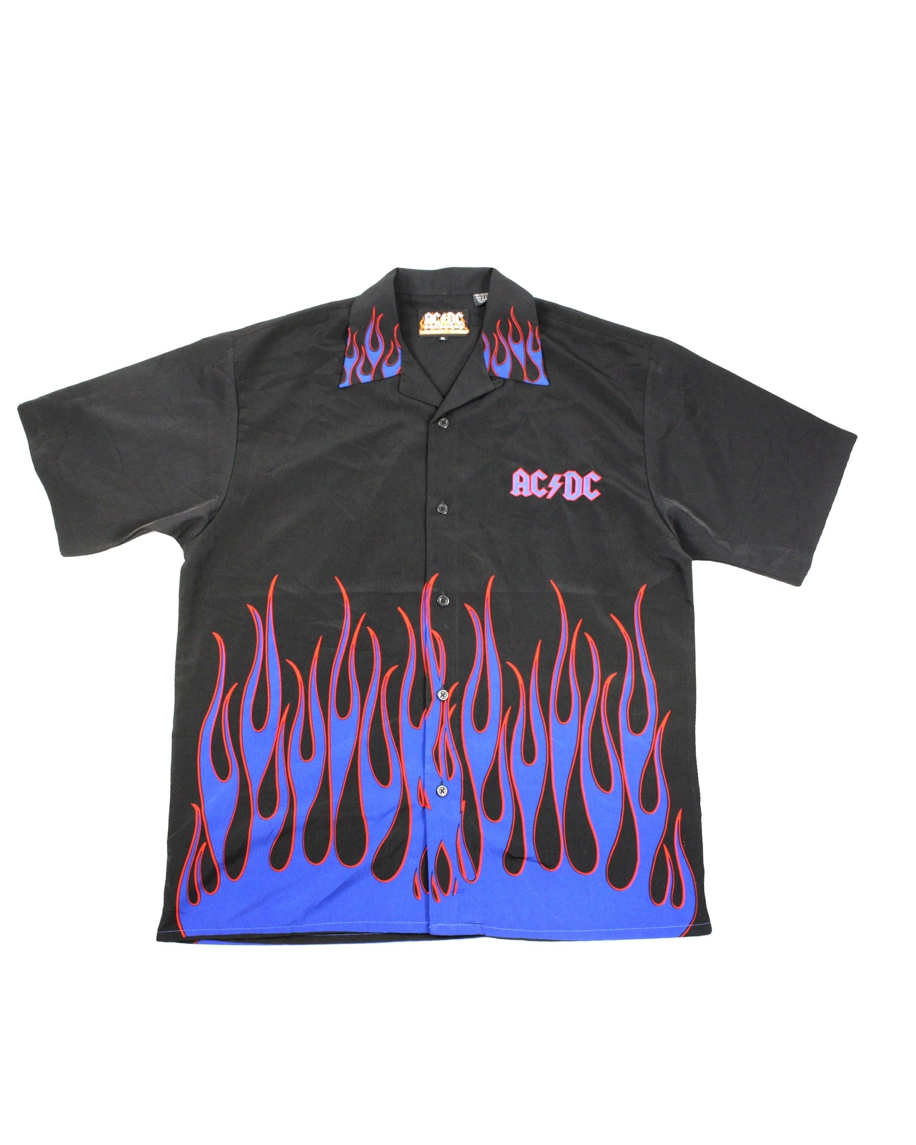 AC/DC Men's Black/Blue/Red Short Sleeve Shirt with Embroidered Logo and Flame Graphic