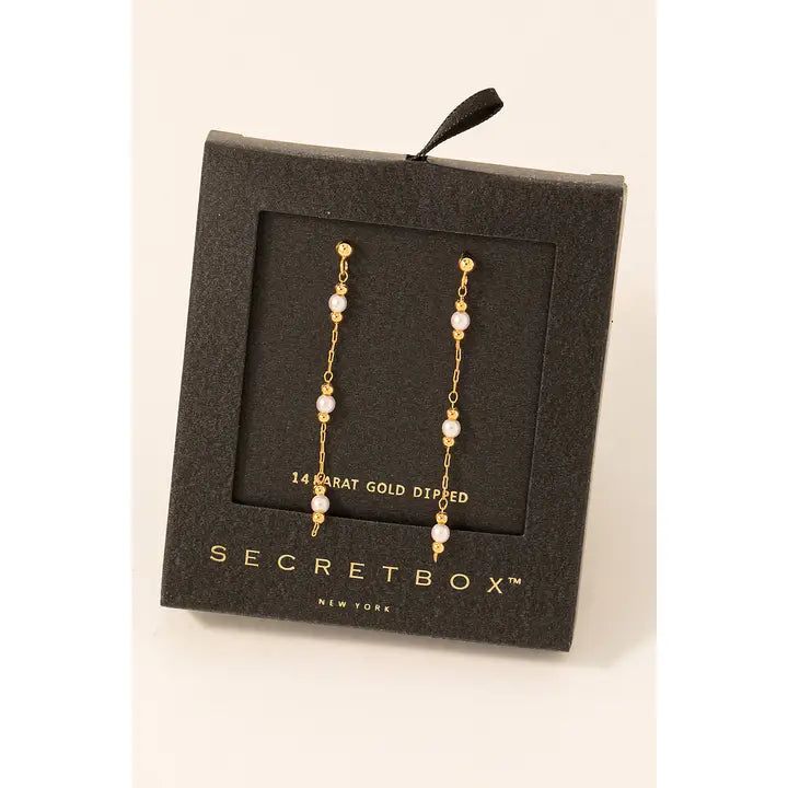 Secret Box Gold Dipped Pearl Beads Chain Dangle Earrings