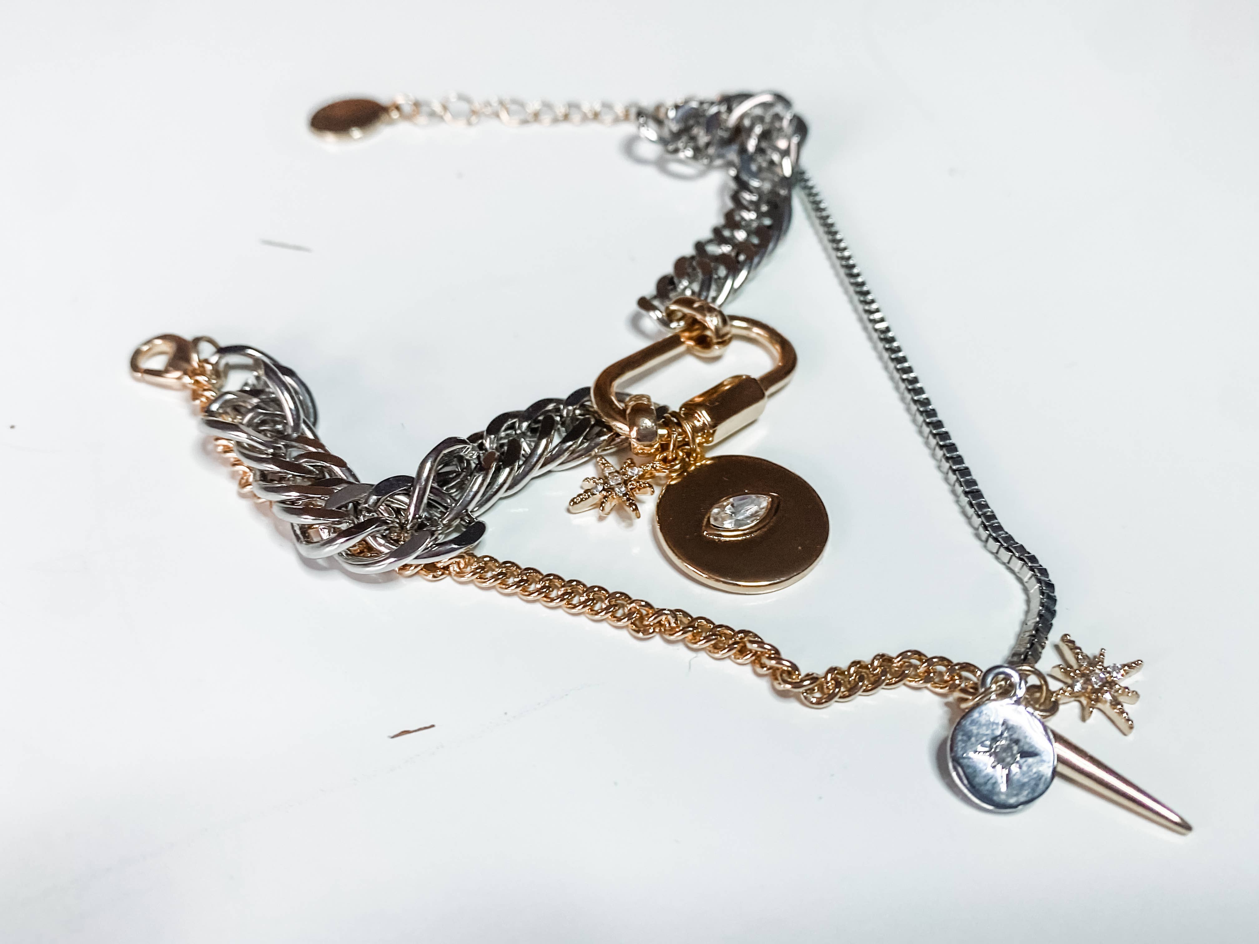 Horn & Evil Eye Carabiner, Multi Chain, Charm Bracelet Steel