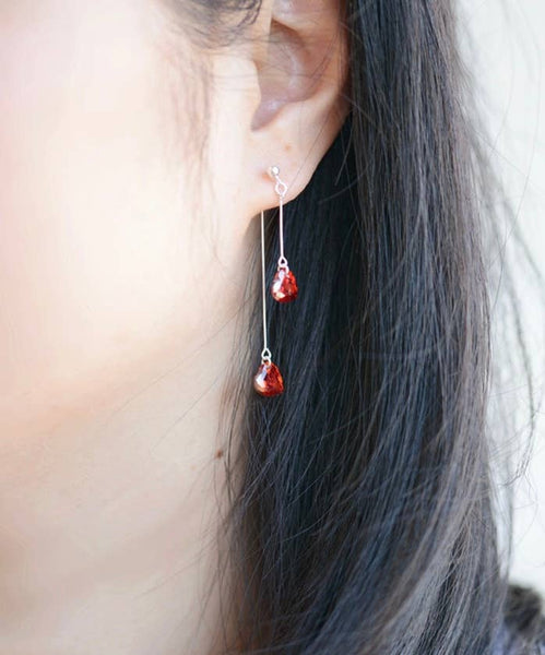 Garnet Red Heart Dangle Earrings