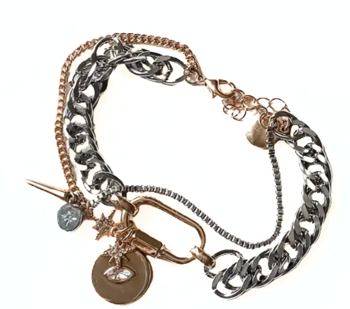 Horn & Evil Eye Carabiner, Multi Chain, Charm Bracelet Steel