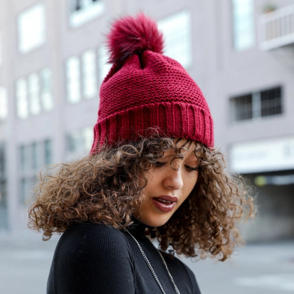 Chunky Knit Pom Beanie with Faux Sherpa Lining - Burgundy