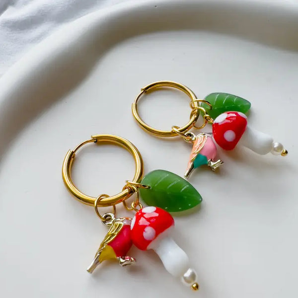 Birds and Mushrooms Earrings | Glass Bead Earrings