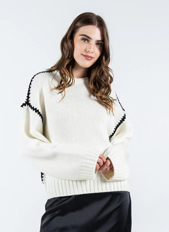 Cream Knit Sweater W/Embroidered Contrasting Thread Size M/L