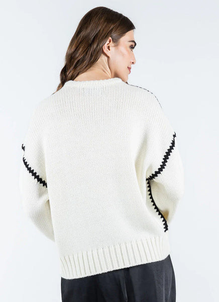 Cream Knit Sweater W/Embroidered Contrasting Thread Size M/L