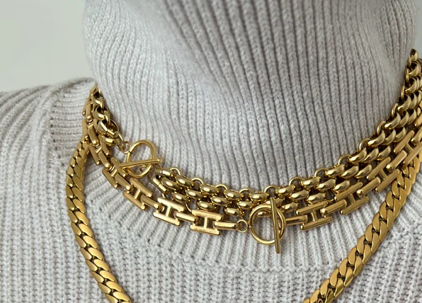 Estate Panther Chain Link Stainless Steel Necklace 14K Gold 