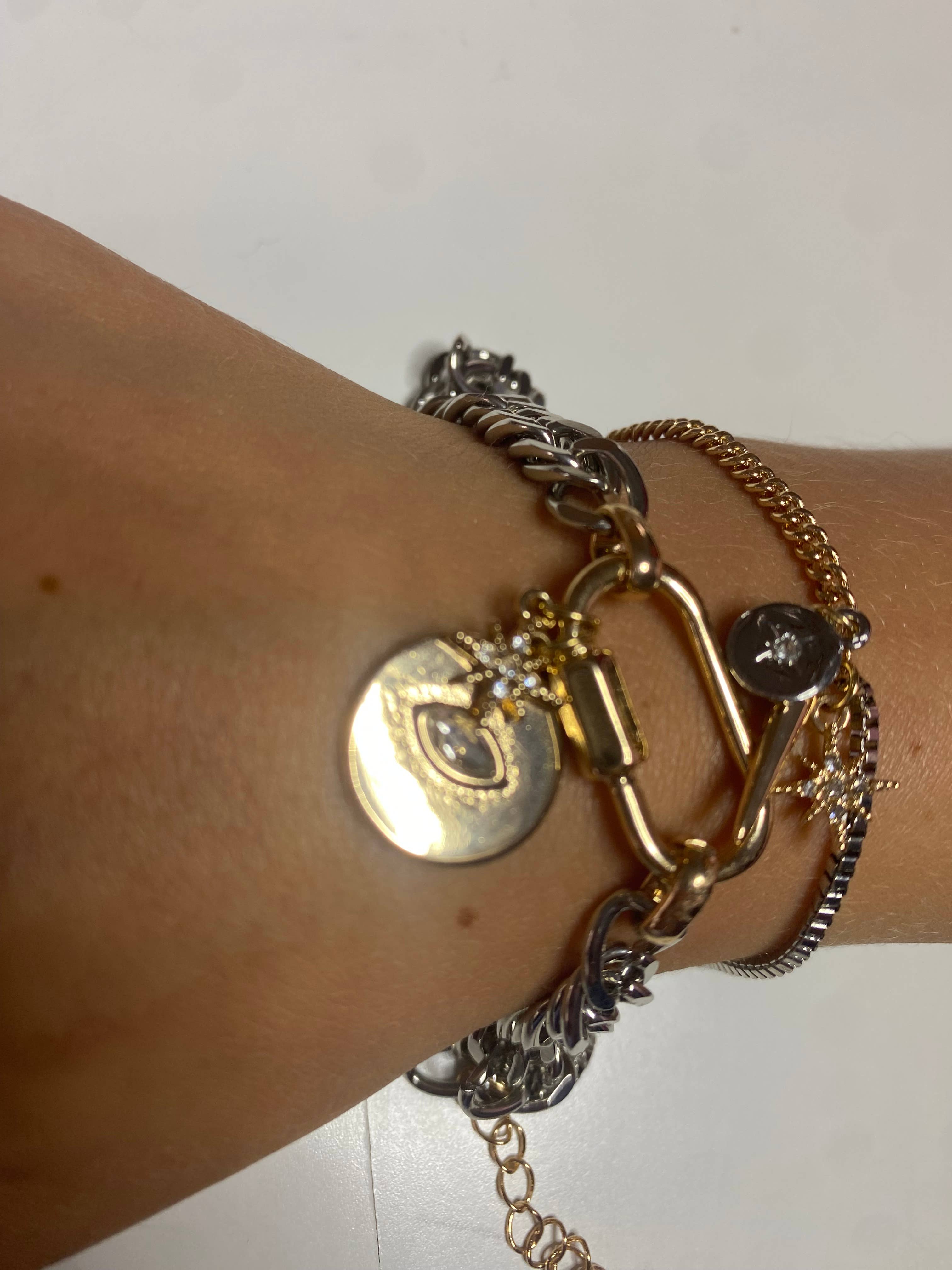 Horn & Evil Eye Carabiner, Multi Chain, Charm Bracelet Steel