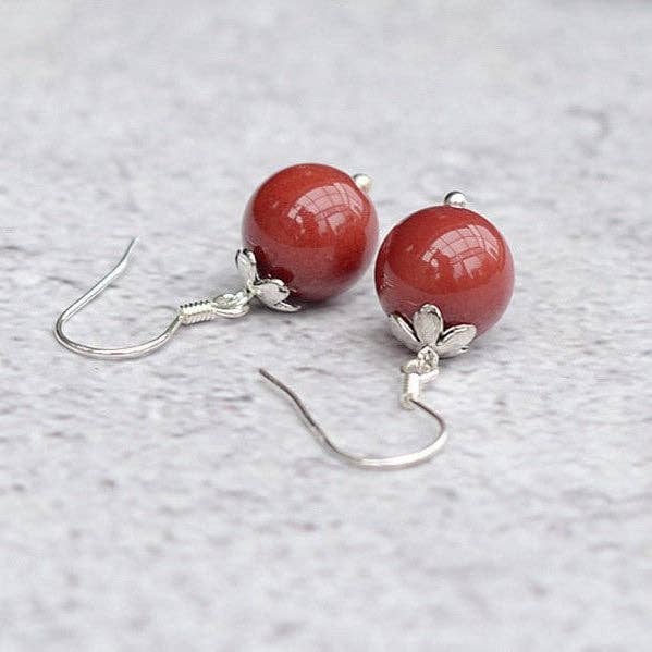 Xiangsi Silver Flower Red Jade Earrings