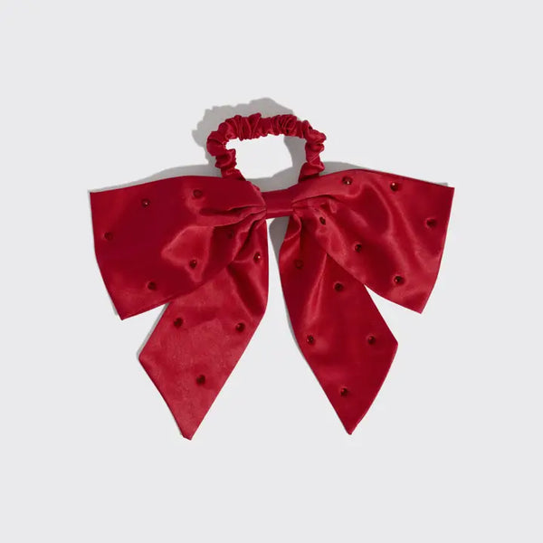 Holiday Satin & Rhinestone Bow Scrunchie