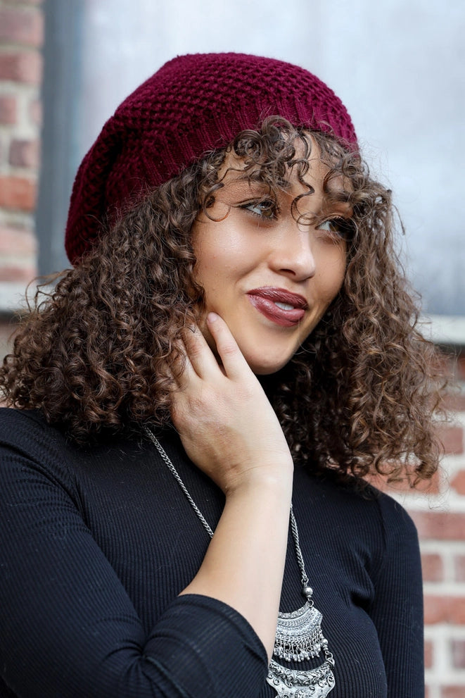 Waffle Knit Slouch Beanie - Burgundy