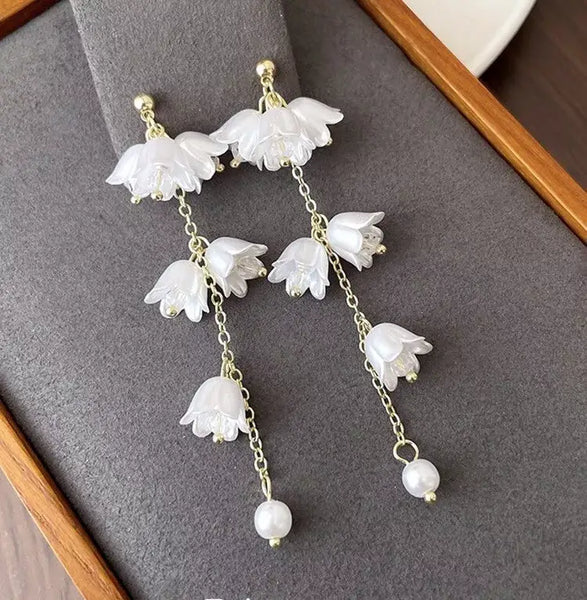 Flora Drop Glass Pearls Earrings - Plated Bell Flowers