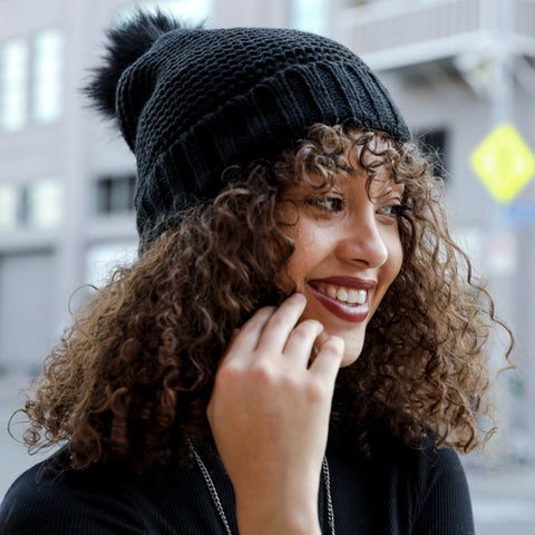 Chunky Knit Pom Beanie with Faux Sherpa Lining - Charcoal