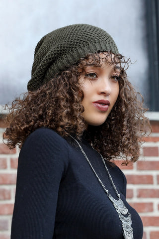 Waffle Knit Slouch Beanie - Olive