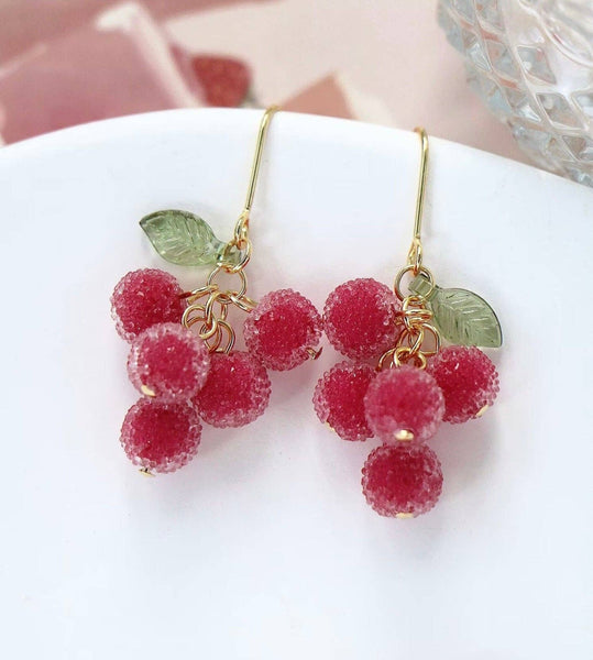 Pink Chinese Bayberry Dangle Hook Earrings