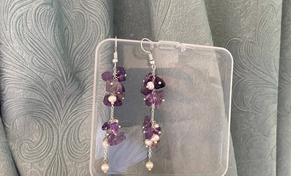 Amethyst Birth Stone Gem Chips/Natural Pearls Long Earrings Hook