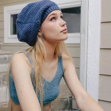 Waffle Knit Slouch Beanie - Blue