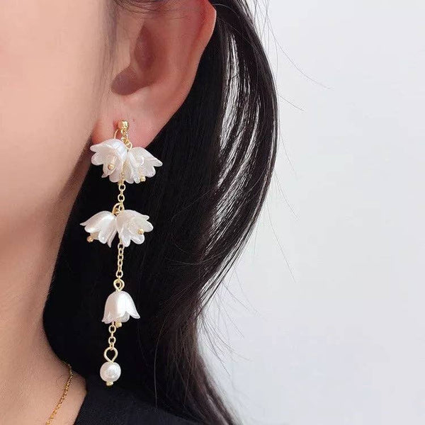 Flora Drop Glass Pearls Earrings - Plated Bell Flowers