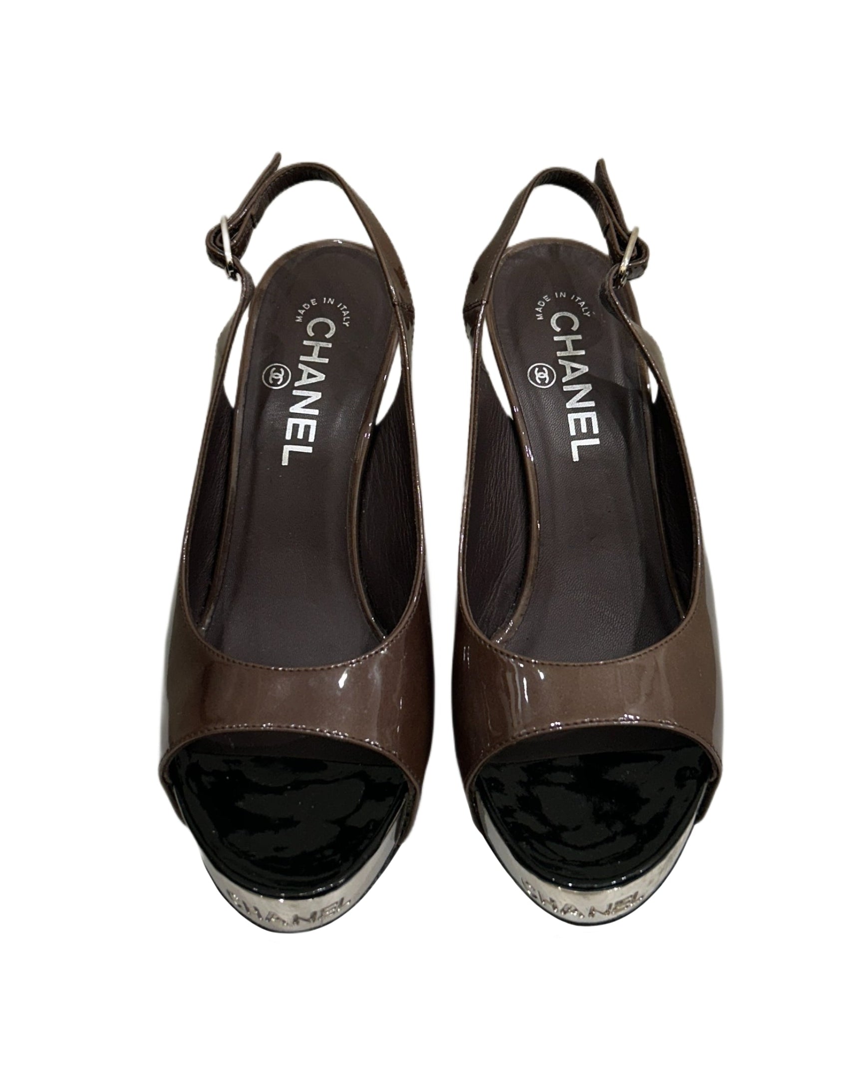 Chanel Size 37.5 Patent Slingback Platform Heels