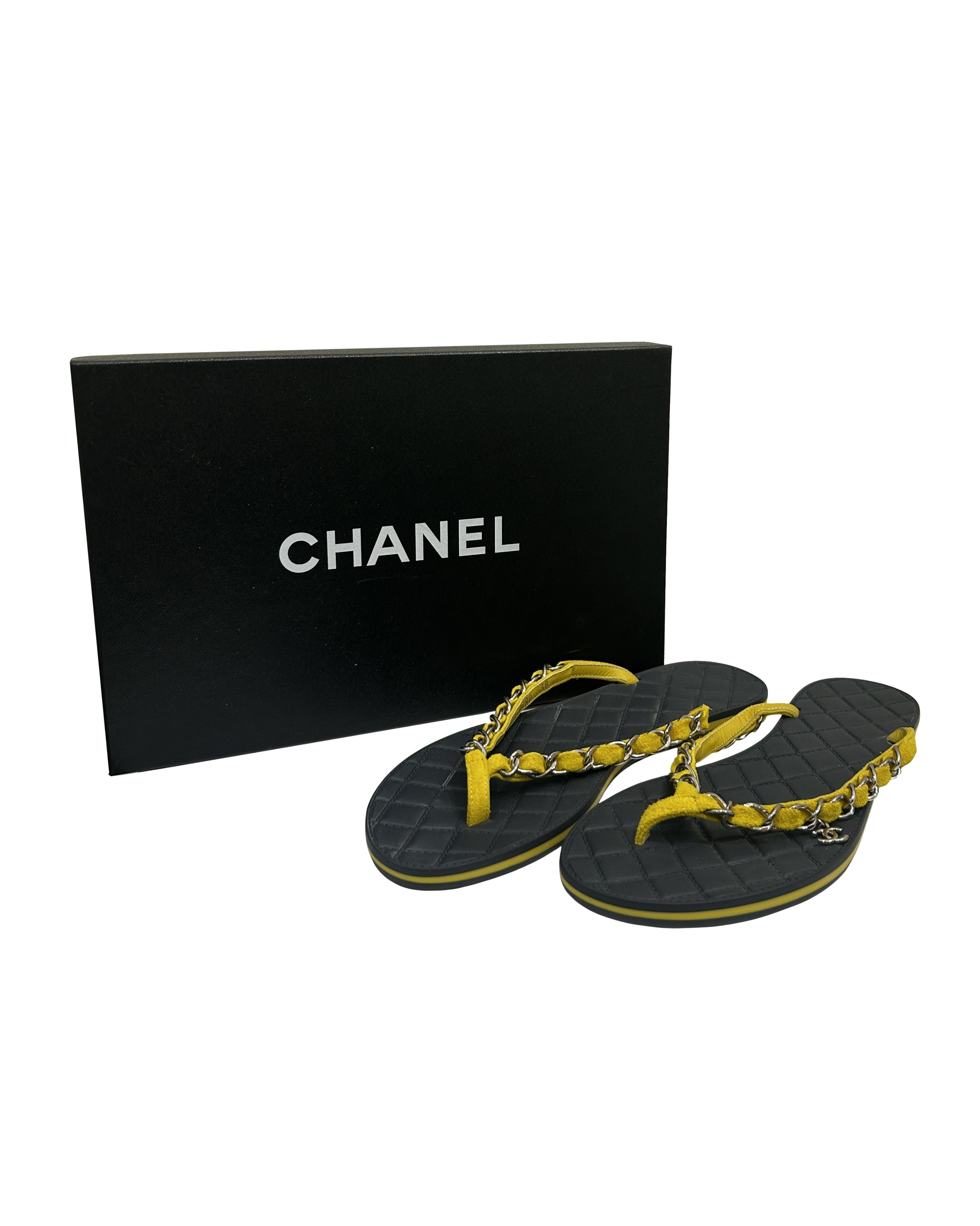 Chanel Size 38 Suede Chain CC Thong Sandals