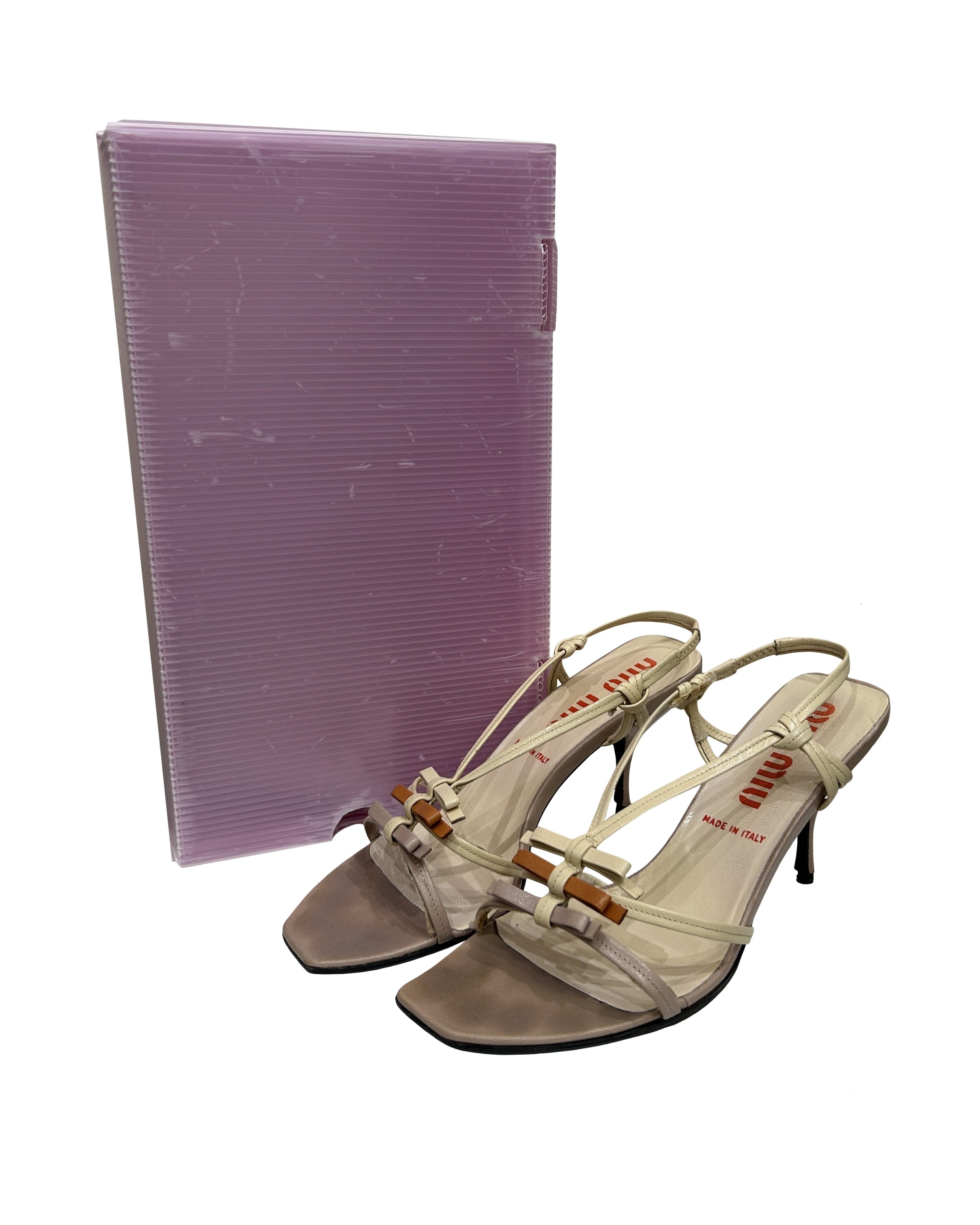 Miu Miu Size 38 Open-Toe Strappy Bow Heels