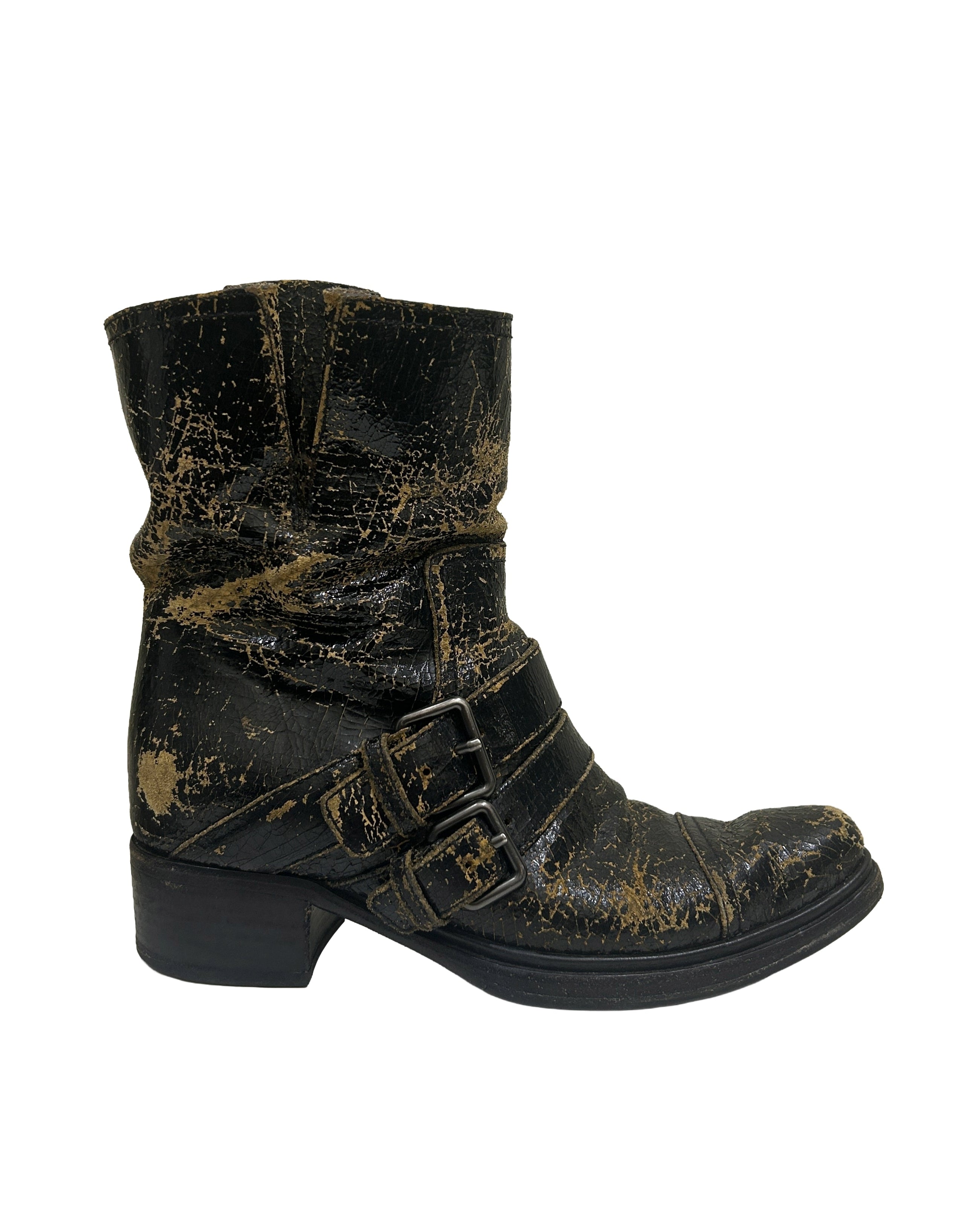 Miu Miu Size 37.5 Crackle Leather Biker Boots