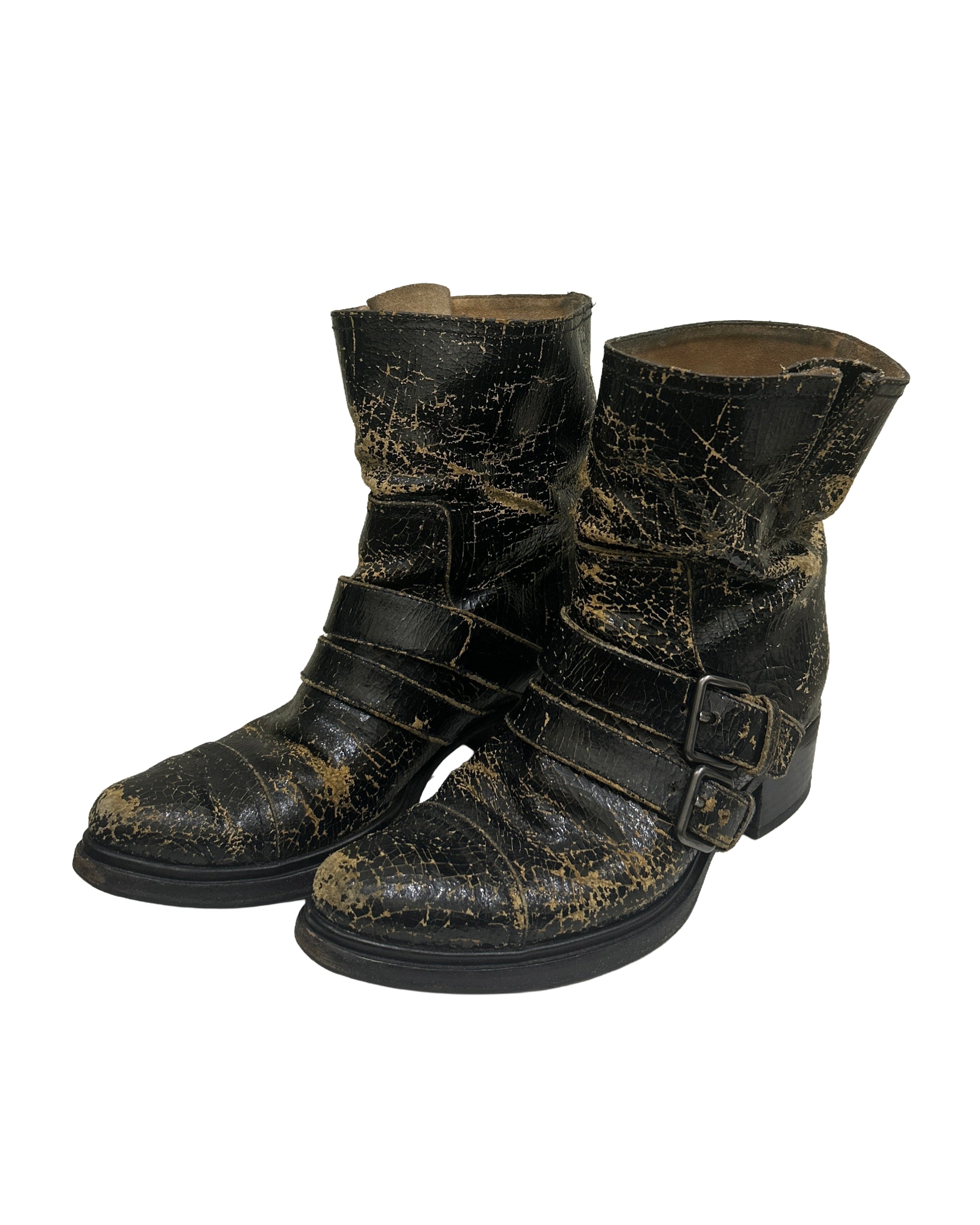Miu Miu Size 37.5 Crackle Leather Biker Boots