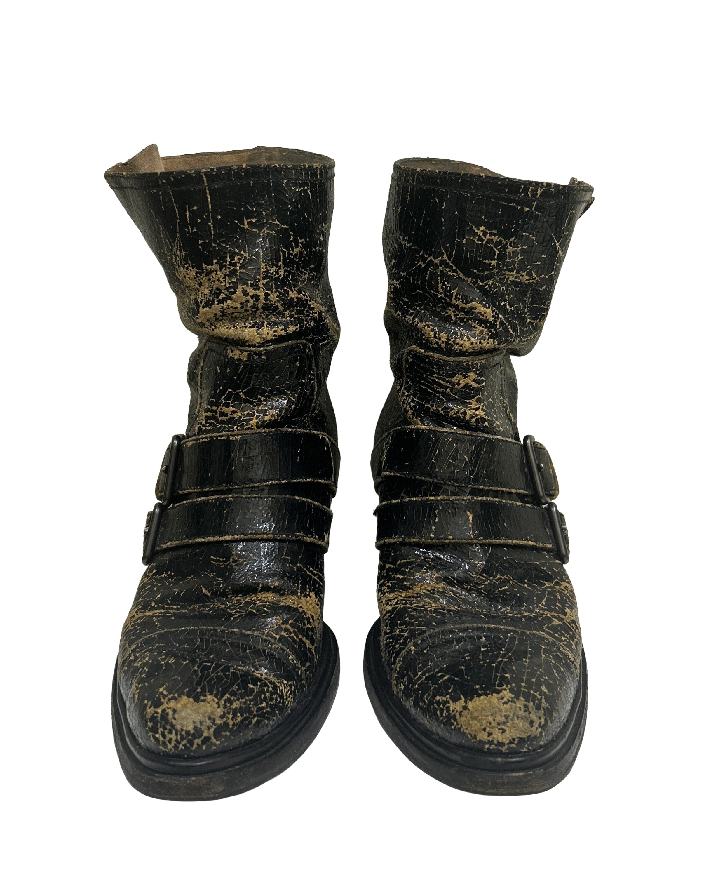 Miu Miu Size 37.5 Crackle Leather Biker Boots
