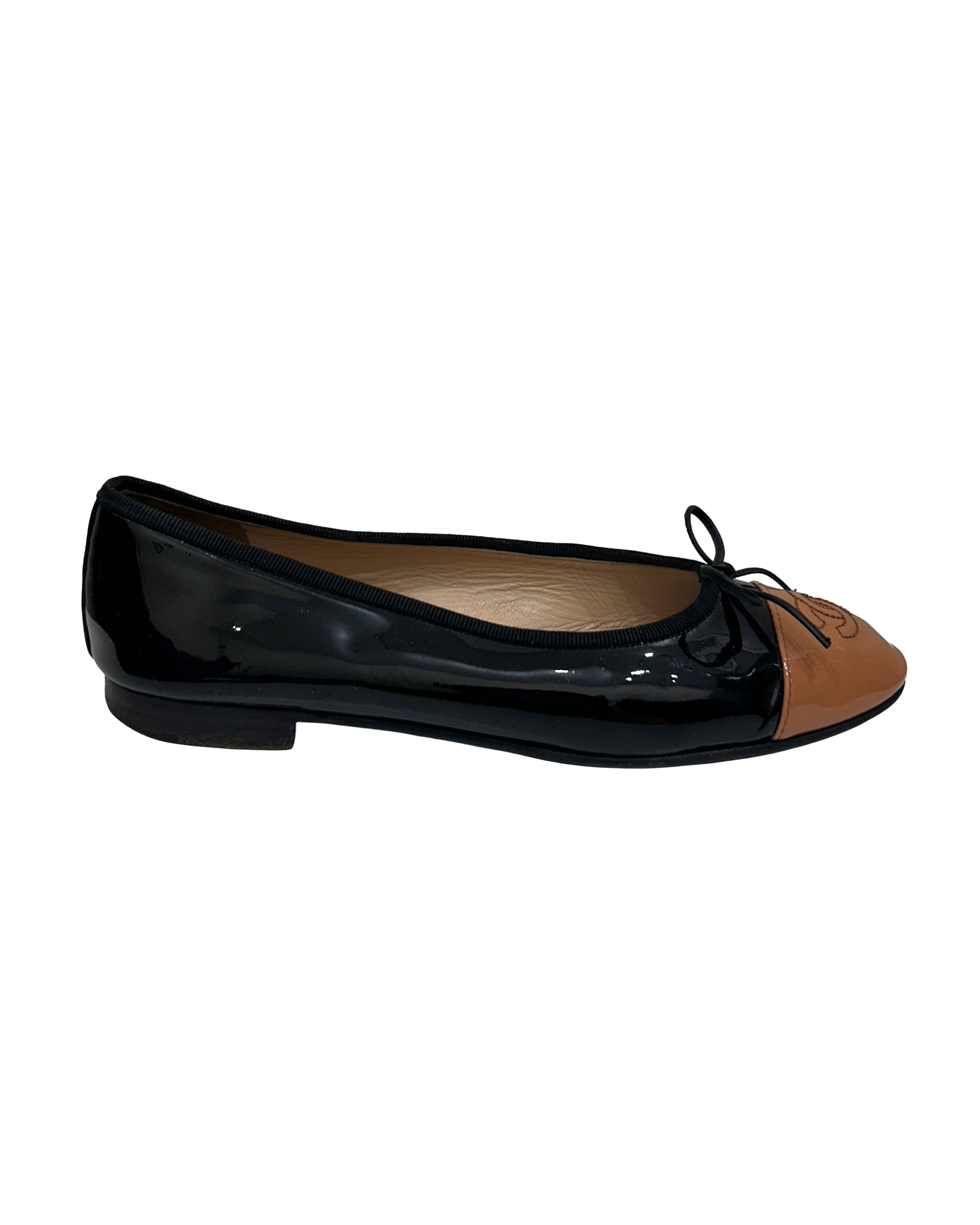 Chanel Size 36.5 Patent Leather CC Cap Toe Ballet Flats