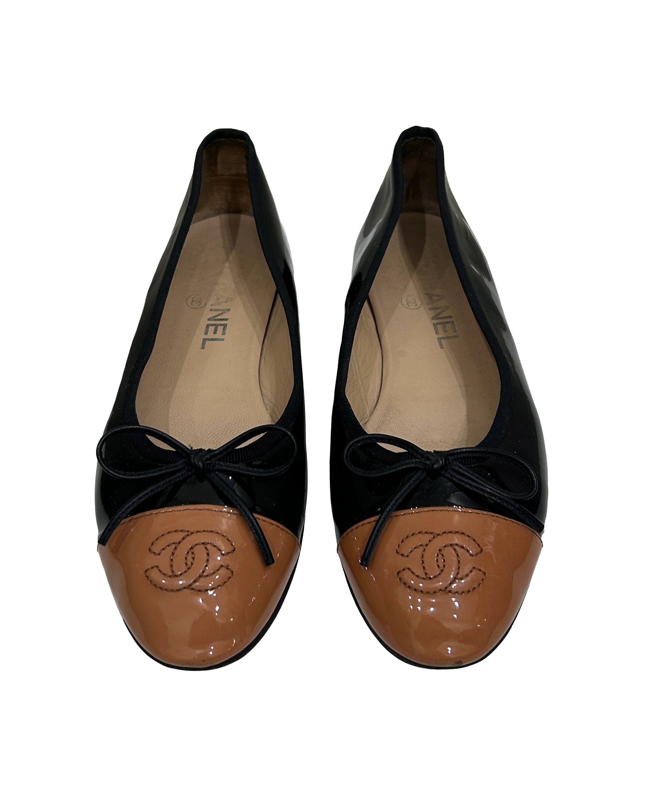 Chanel Size 36.5 Patent Leather CC Cap Toe Ballet Flats