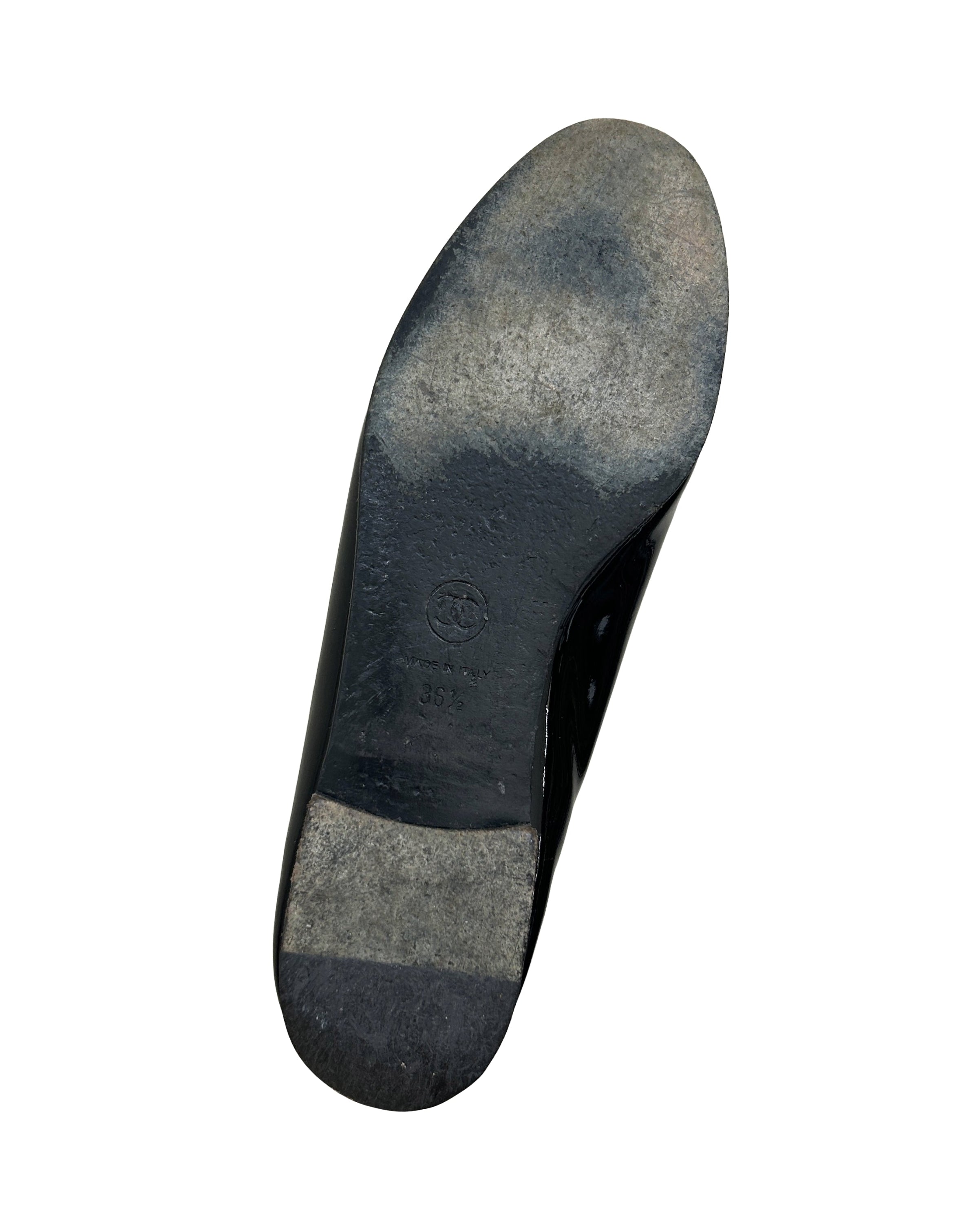 Chanel Size 36.5 Patent Leather CC Cap Toe Ballet Flats