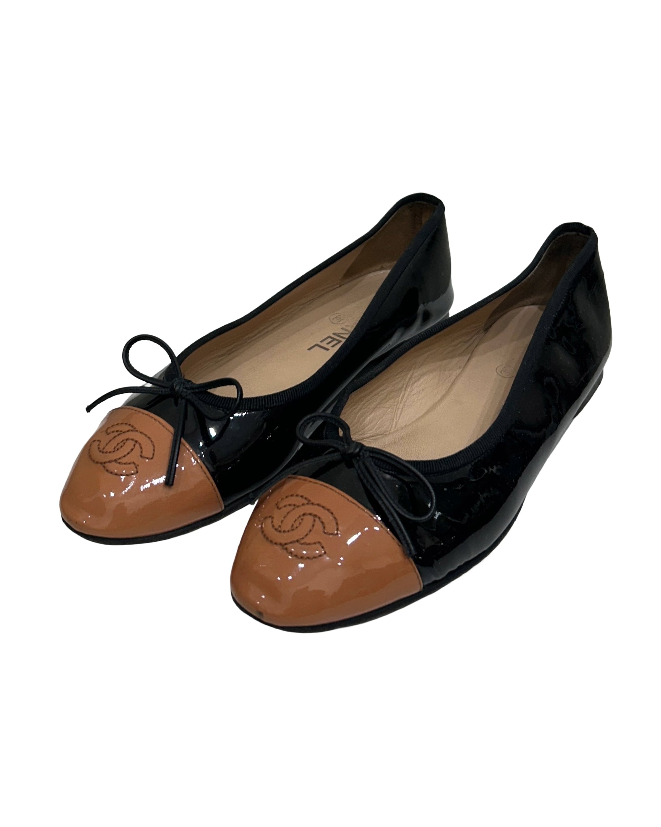 Chanel Size 36.5 Patent Leather CC Cap Toe Ballet Flats