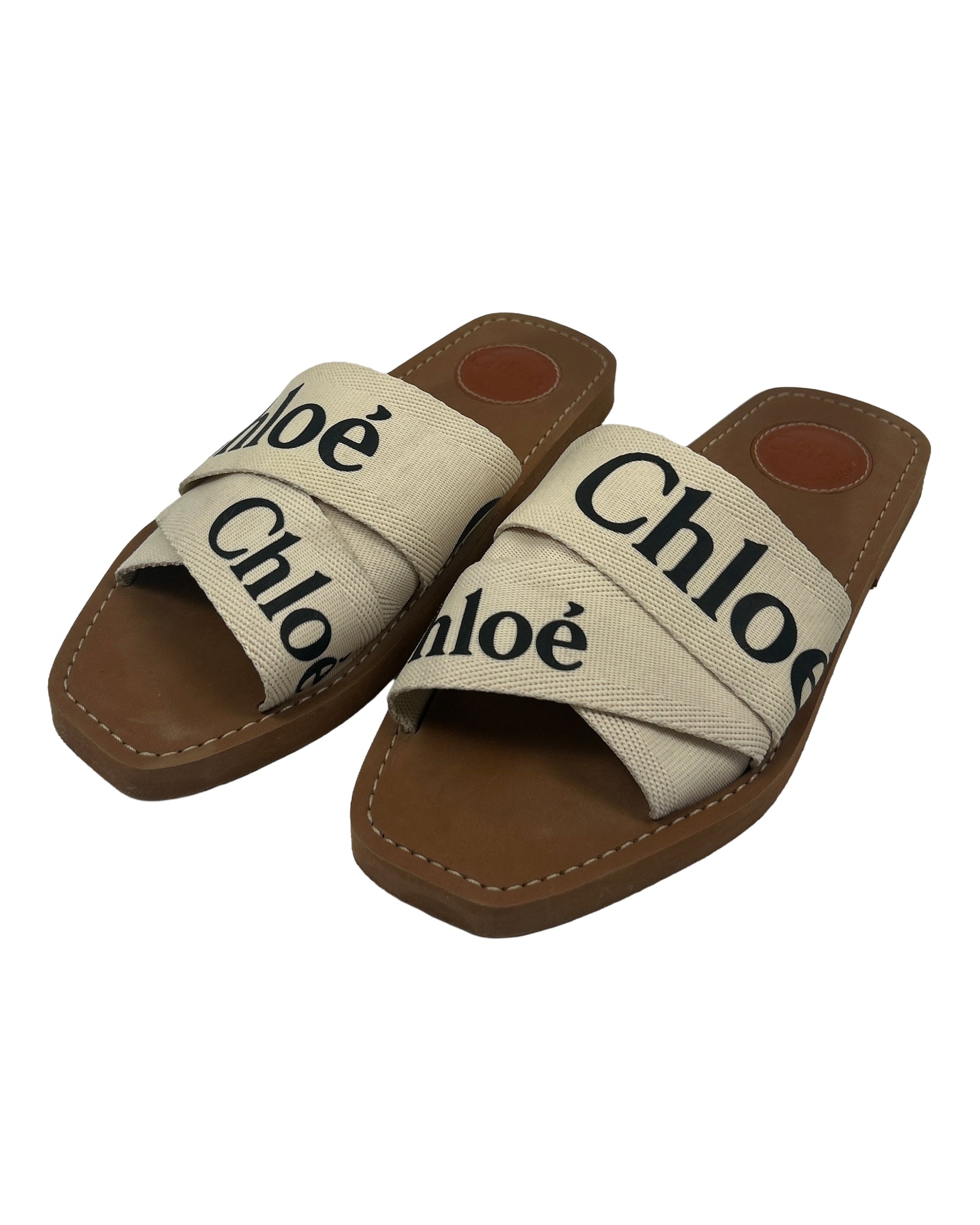 Chloe Size 38 Woody Canvas Logo Slides