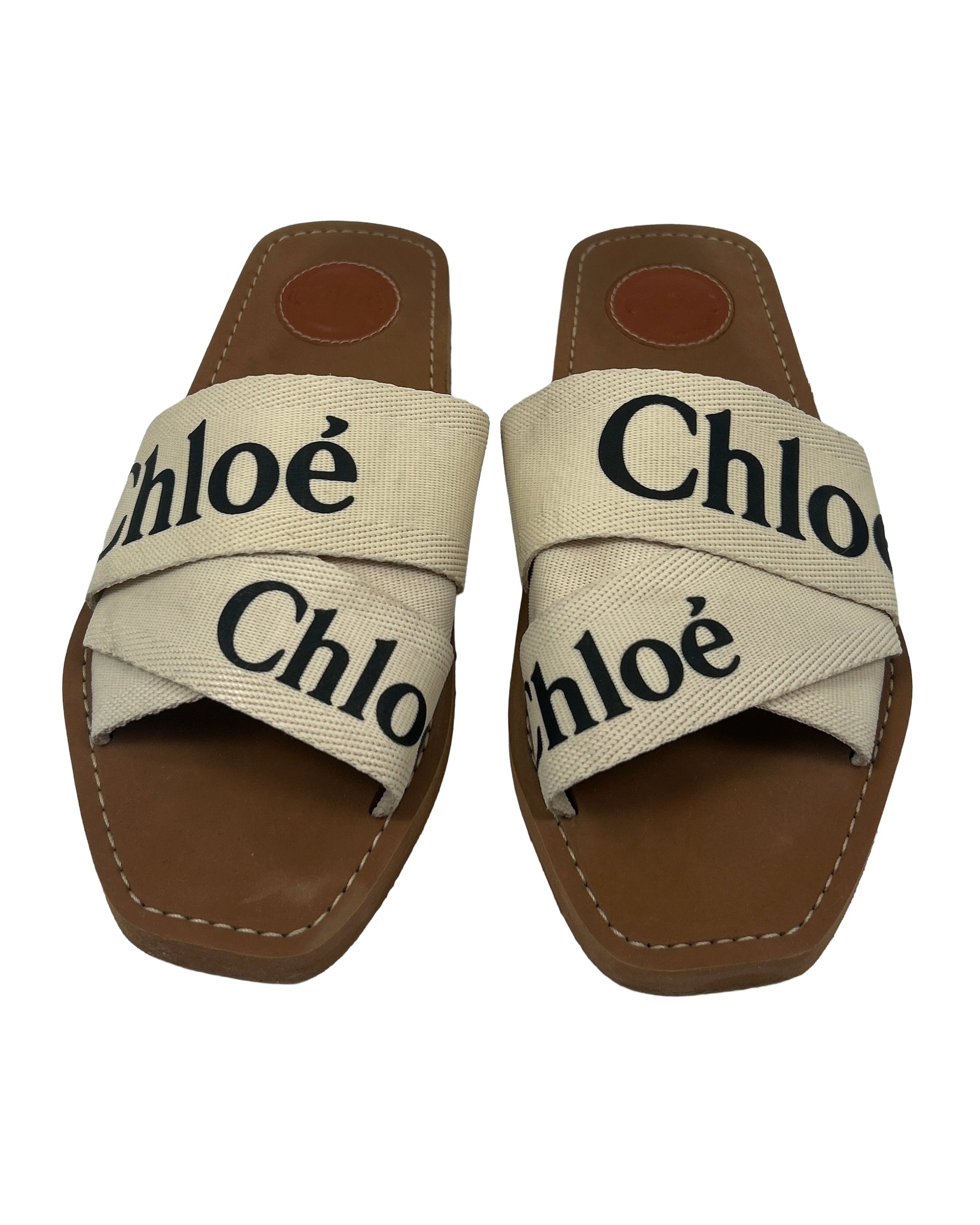 Chloe Size 38 Woody Canvas Logo Slides