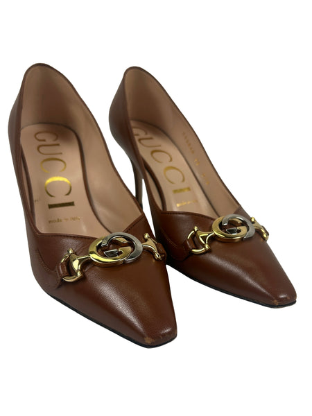 Gucci Size 38 Malaga Kid Leather Zumi Pumps
